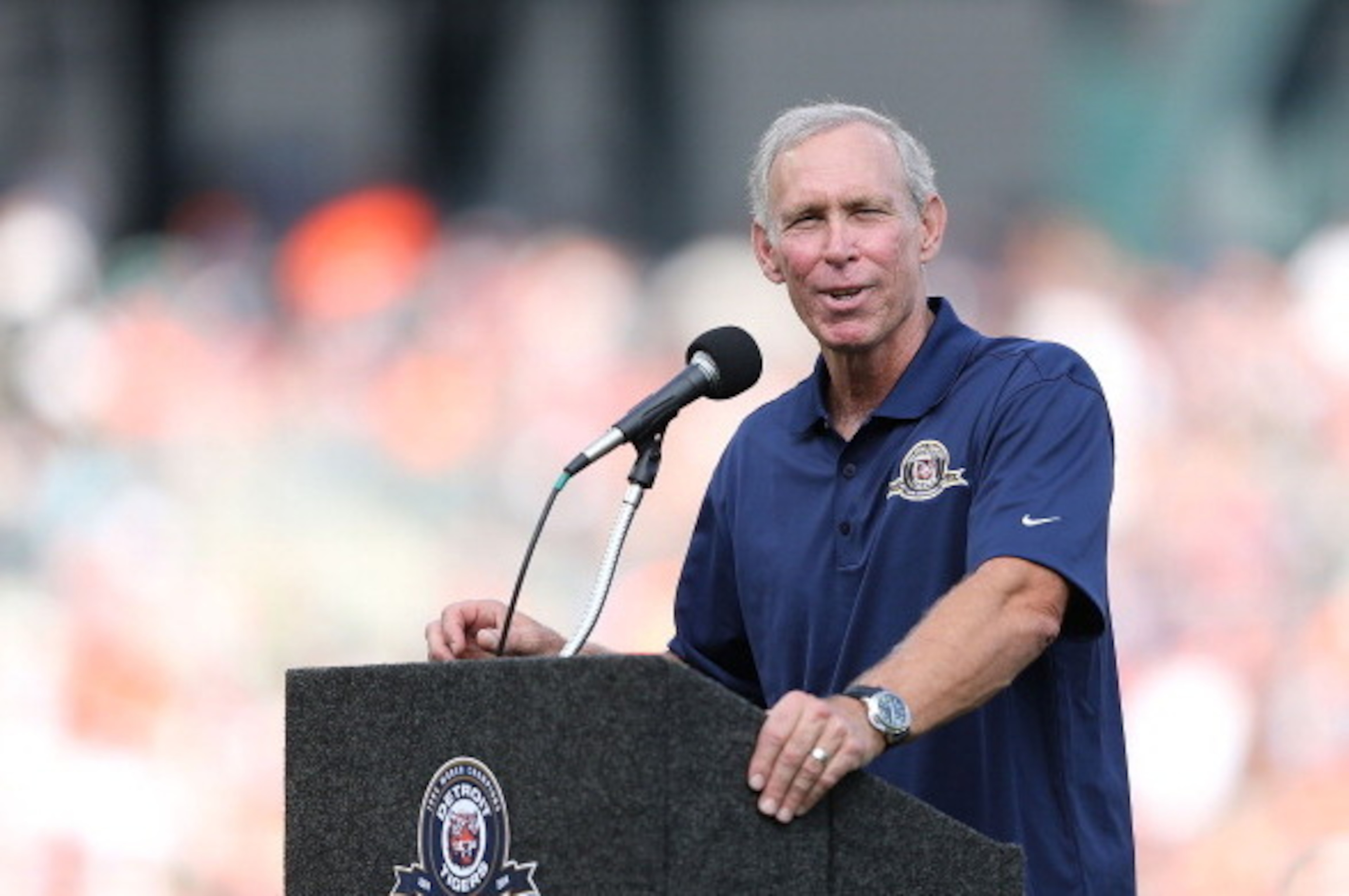 DETROIT, MI - JUNE 30:  Former Detroit Tigers player Alan Trammell speaks to the fans during the celebration of the 30th Anniversary of the 1984 World Series Championship team prior to the game against the Oakland Athletics at Comerica Park on June 30, 20
