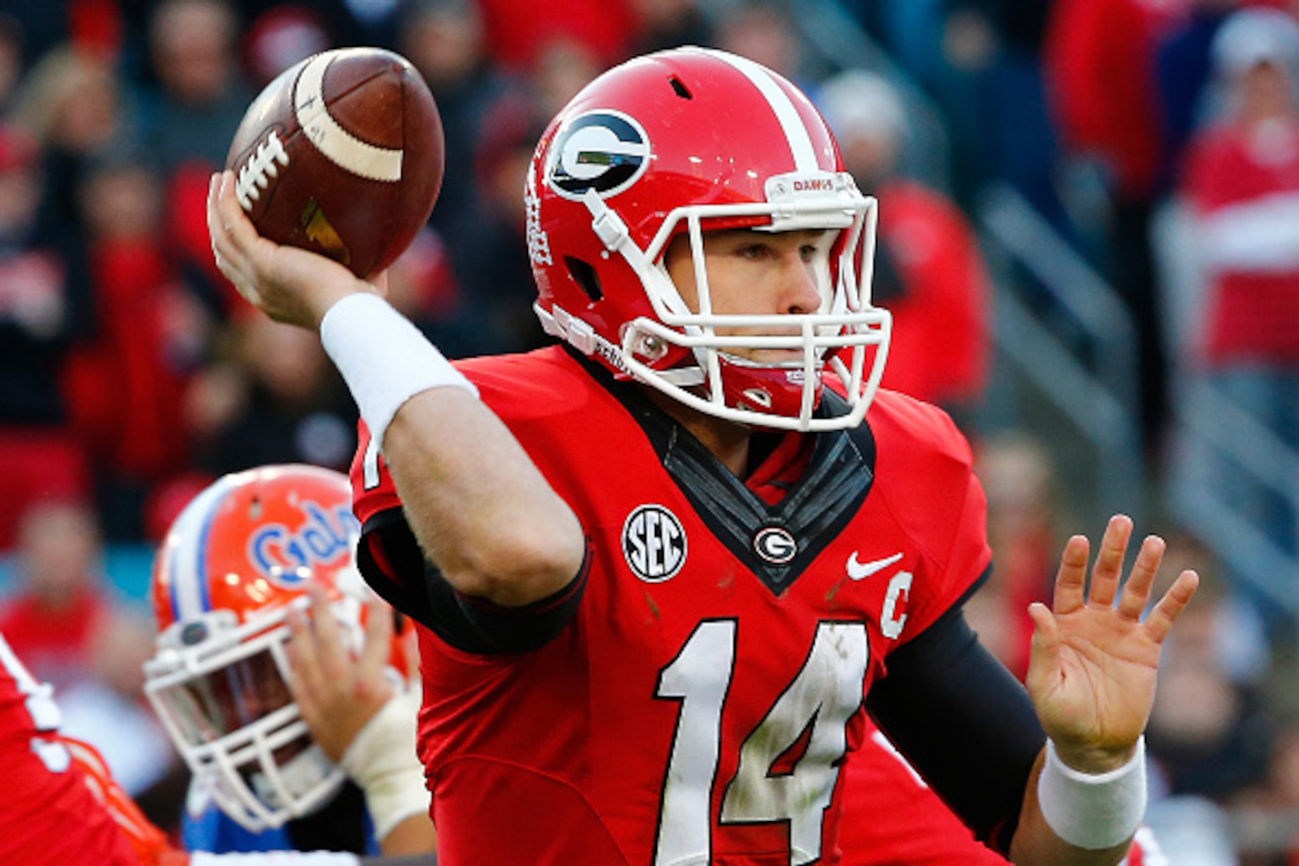 JACKSONVILLE, FL - NOVEMBER 01: Hutson Mason #14 of the Georgia Bulldogs attempts a pass during the game against the Florida Gators at EverBank Field on November 1, 2014 in Jacksonville, Florida. (Photo by Sam Greenwood/Getty Images) JACKSONVILLE, FL - NOVEMBER 01: Hutson Mason #14 of the Georgia Bulldogs attempts a pass during the game against the Florida Gators at EverBank Field on November 1, 2014 in Jacksonville, Florida. (Photo by Sam Greenwood/Getty Images)