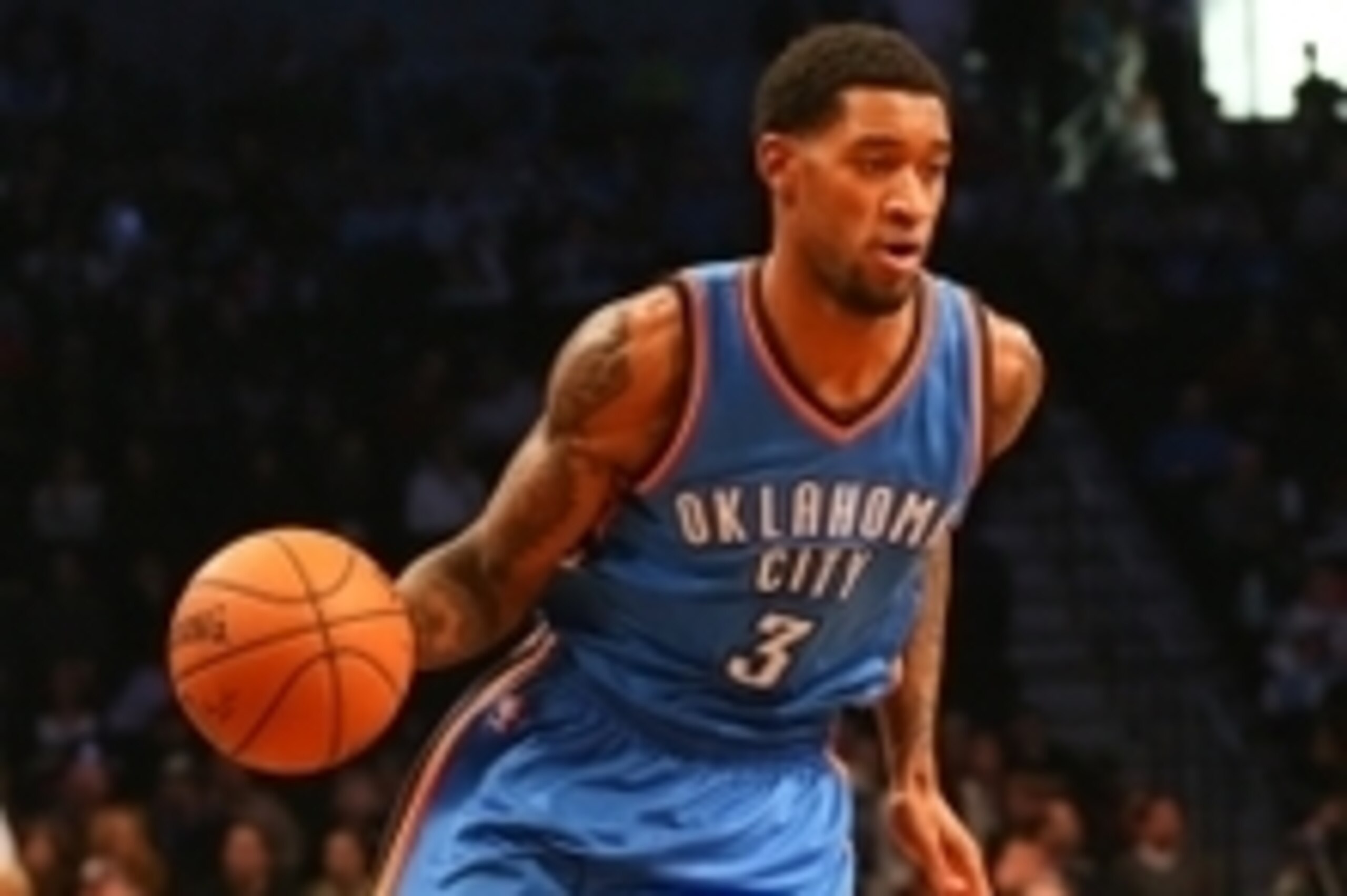 Nov 3, 2014; Brooklyn, NY, USA; Oklahoma City Thunder forward Perry Jones (3) drives the ball during the first quarter against the Brooklyn Nets at Barclays Center. Mandatory Credit: Anthony Gruppuso-USA TODAY Sports