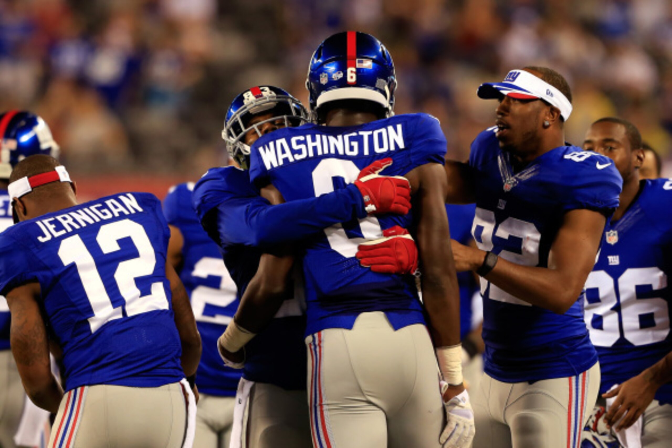 EAST RUTHERFORD, NJ - AUGUST 09:  Wide receiver Corey Washington #6 of the New York Giants celebrates with teammates after scoring the game winning touchdown against the Pittsburgh Steelers in the fourth quarter during a preseason game at MetLife Stadium 