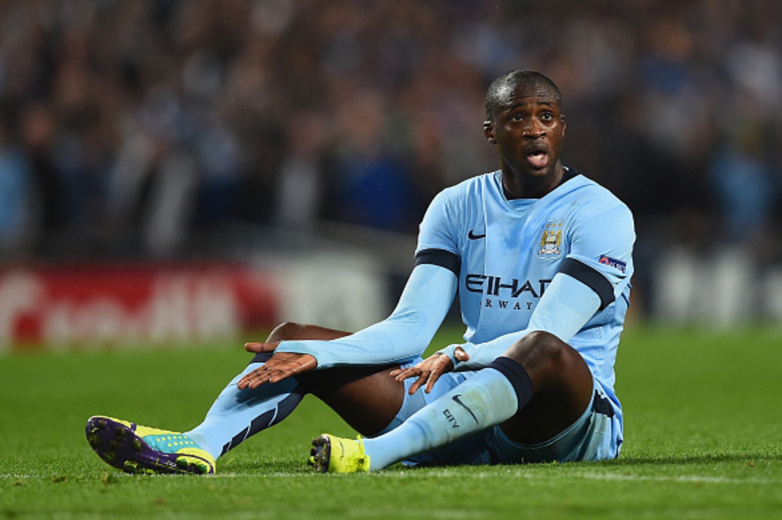 MANCHESTER, ENGLAND - SEPTEMBER 30:  Yaya Toure of Manchester City reacts during the UEFA Champions League Group E match between Manchester City FC and AS Roma on September 30, 2014 in Manchester, United Kingdom.  (Photo by Laurence Griffiths/Getty Images
