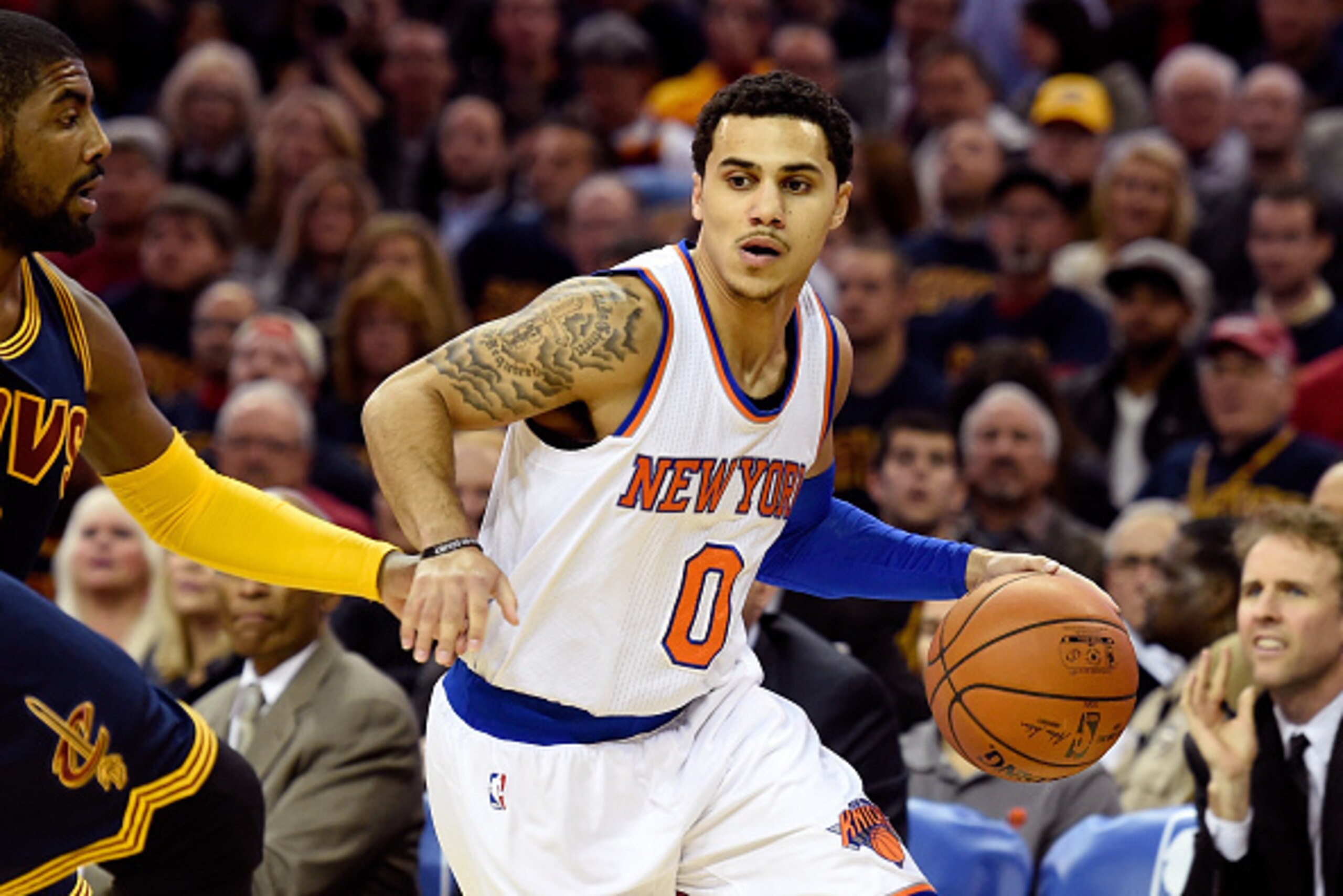 CLEVELAND, OH - OCTOBER 30: Shane Larkin #0 of the New York Knicks controls the ball in the first quarter against the Cleveland Cavaliers at Quicken Loans Arena on October 30, 2014 in Cleveland, Ohio. NOTE TO USER: User expressly acknowledges and agrees t