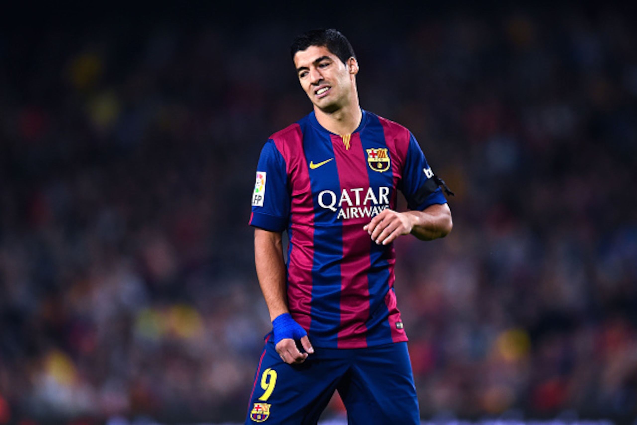 BARCELONA, SPAIN - NOVEMBER 01:  Luis Suarez of FC Barcelona looks on  during the La Liga match between FC Barcelona and Celta de Vigo at Camp Nou on November 1, 2014 in Barcelona, Spain.  (Photo by David Ramos/Getty Images)