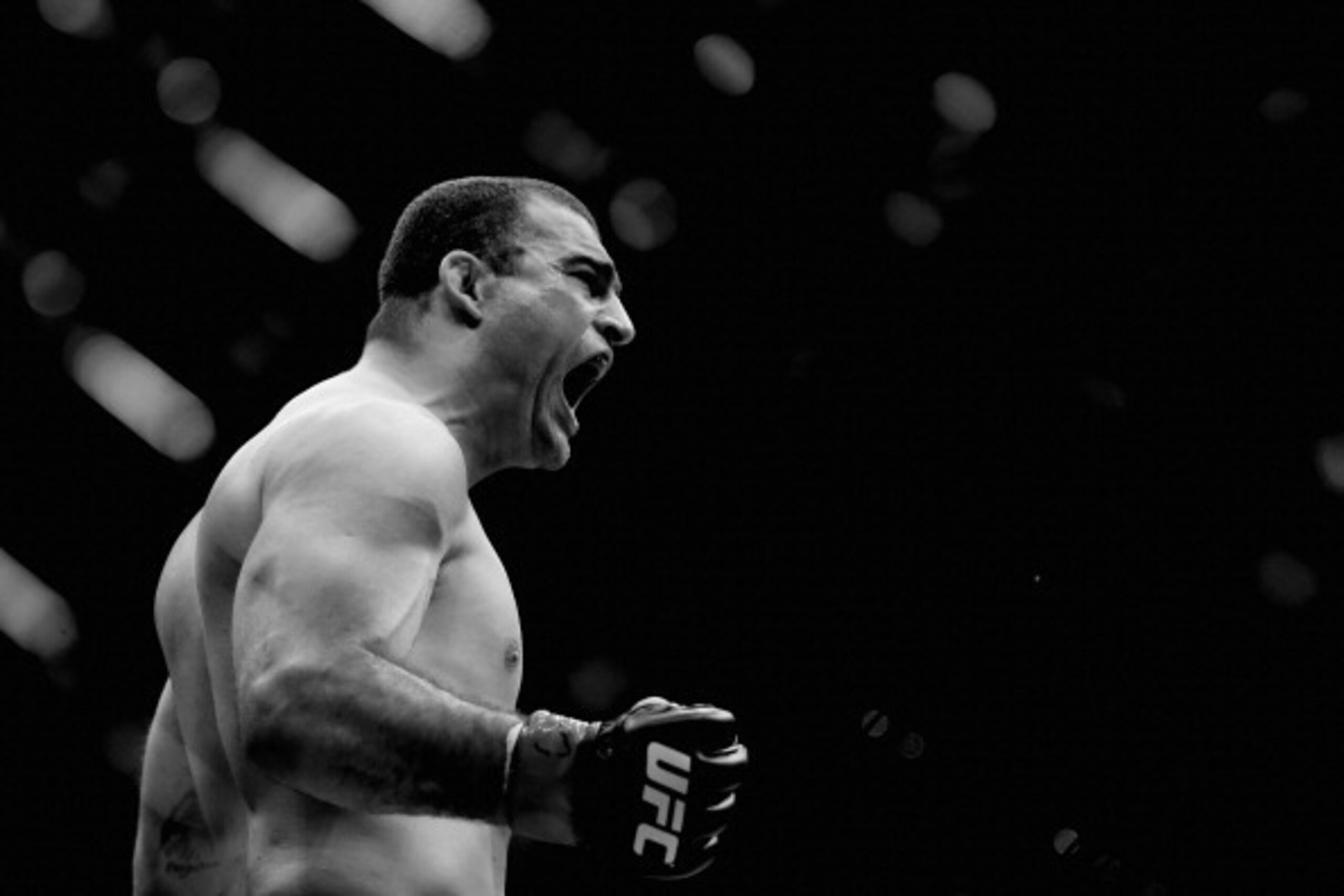BRISBANE, AUSTRALIA - DECEMBER 07:  (This digital image has been converted to black & white) Mauricio 'Shogun' Rua reacts after knocking out James Te Huna in their light heavyweight fight during the UFC Fight Night event at Brisbane Entertainment Centre o