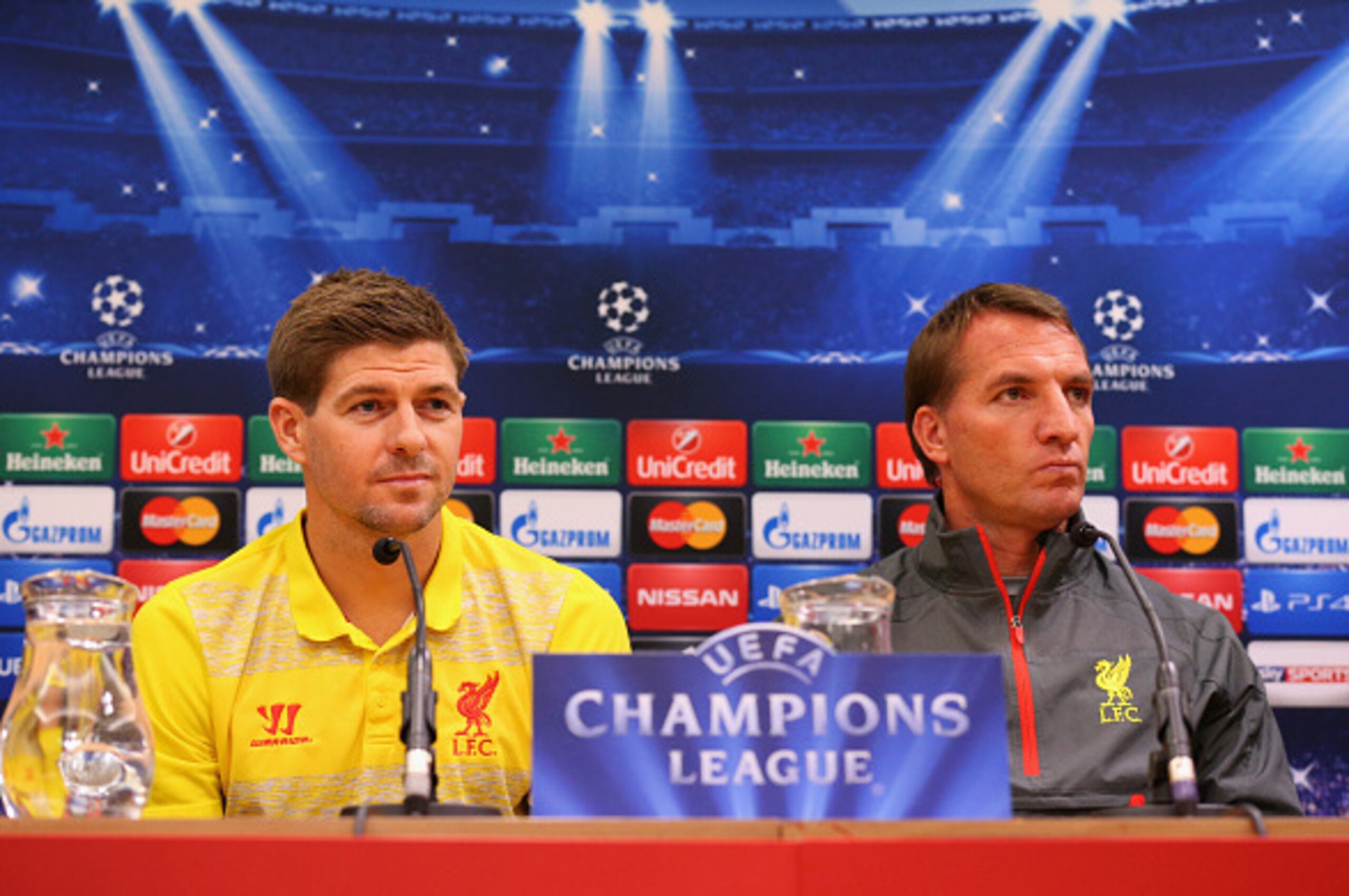 LIVERPOOL, ENGLAND - OCTOBER 21:  Brendan Rodgers the manager of Liverpool and Steven Gerrard face the media during a press conference at Anfield on October 21, 2014 in Liverpool, United Kingdom.  (Photo by Alex Livesey/Getty Images)