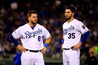 KANSAS CITY, MO - OCTOBER 21:  Mike Moustakas #8 and Eric Hosmer #35 of the Kansas City Royals react after failing to score in the third inning against the San Francisco Giants during Game One of the 2014 World Series at Kauffman Stadium on October 21, 20