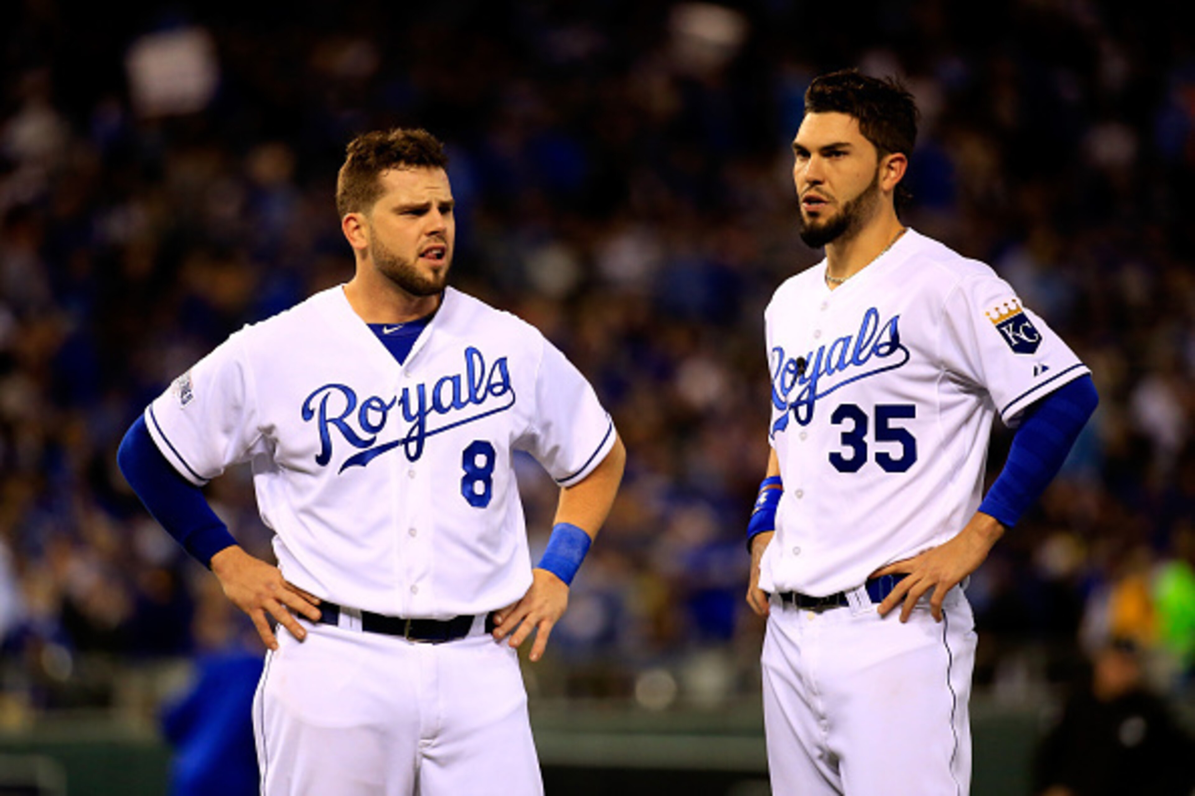 KANSAS CITY, MO - OCTOBER 21:  Mike Moustakas #8 and Eric Hosmer #35 of the Kansas City Royals react after failing to score in the third inning against the San Francisco Giants during Game One of the 2014 World Series at Kauffman Stadium on October 21, 20