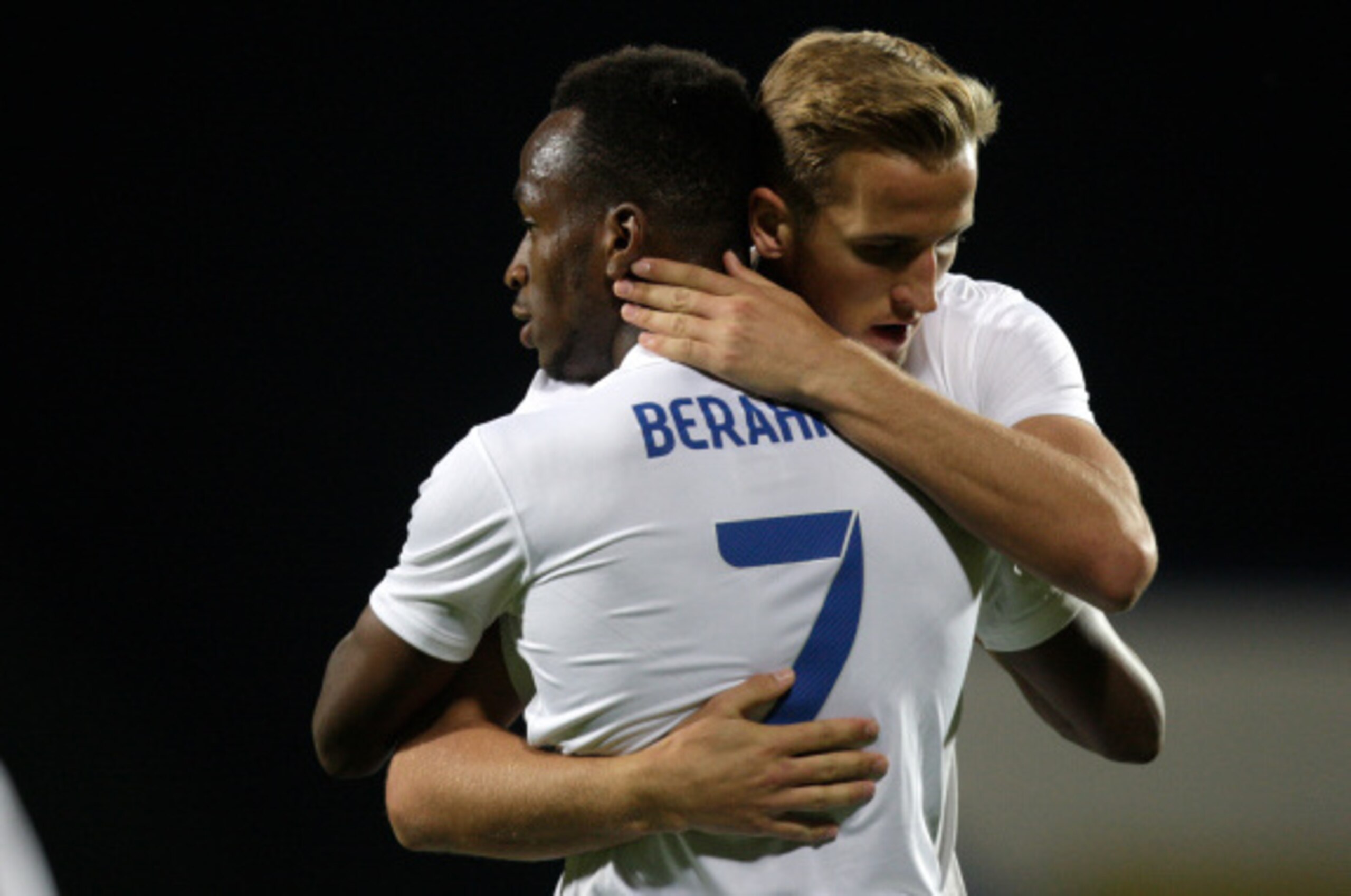 TIRASPOL, MOLDOVA - SEPTEMBER 9:  Harry Kane and Saido Berahino of England after the second goal during the Moldova v England UEFA U21 Championship Qualifier 2015 match at Stadionul Sheriff on September 9, 2014 in Tiraspol, Moldova. (Photo by Getty Images