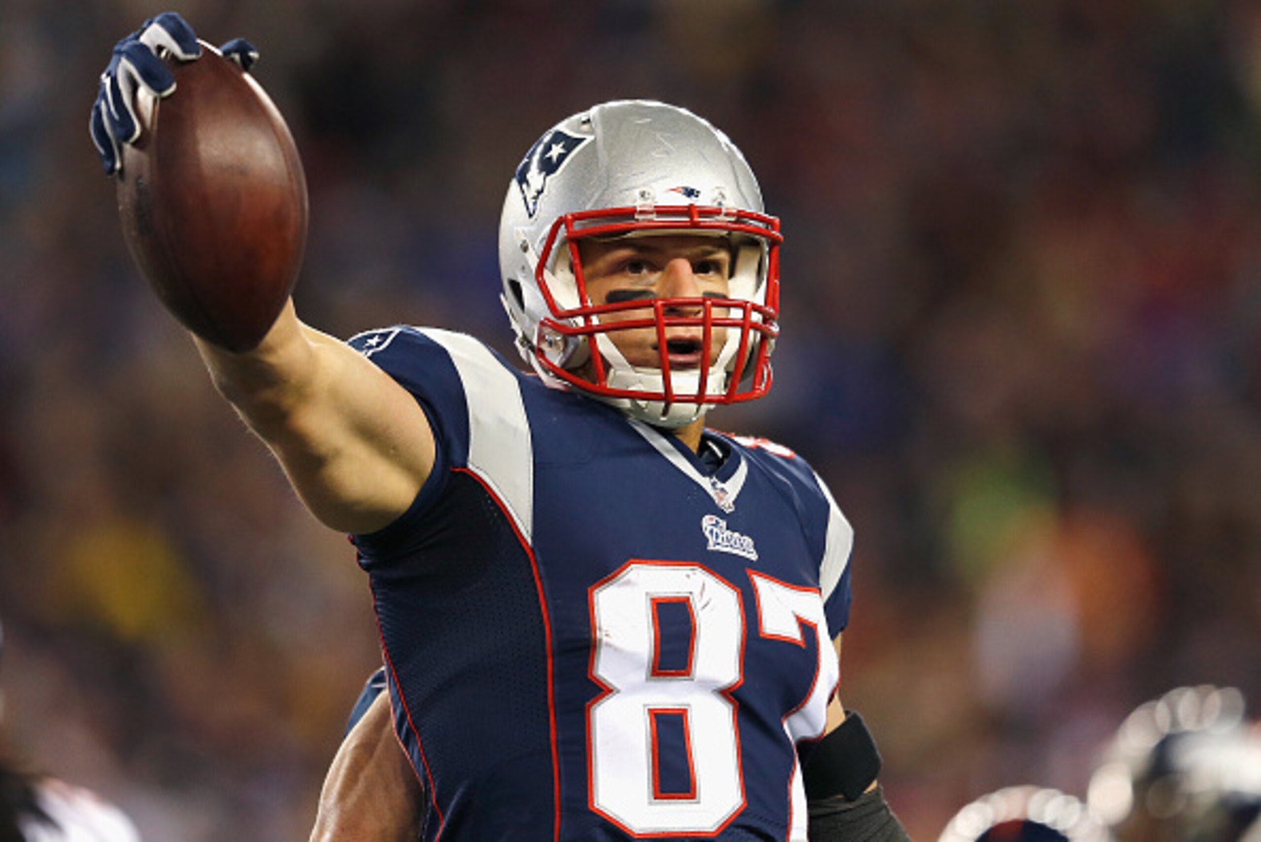 FOXBORO, MA - NOVEMBER 02:  Rob Gronkowski #87 of the New England Patriots reacts during the fourth quarter against the Denver Broncos at Gillette Stadium on November 2, 2014 in Foxboro, Massachusetts.  (Photo by Jim Rogash/Getty Images)