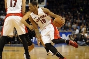 Nov 1, 2014; Orlando, FL, USA; Toronto Raptors guard DeMar DeRozan (10) drives the ball as the  Raptors beat the Orlando Magic 108-95 at Amway Center. DeRozan finished with a game-high 26 points. Mandatory Credit: David Manning-USA TODAY Sports