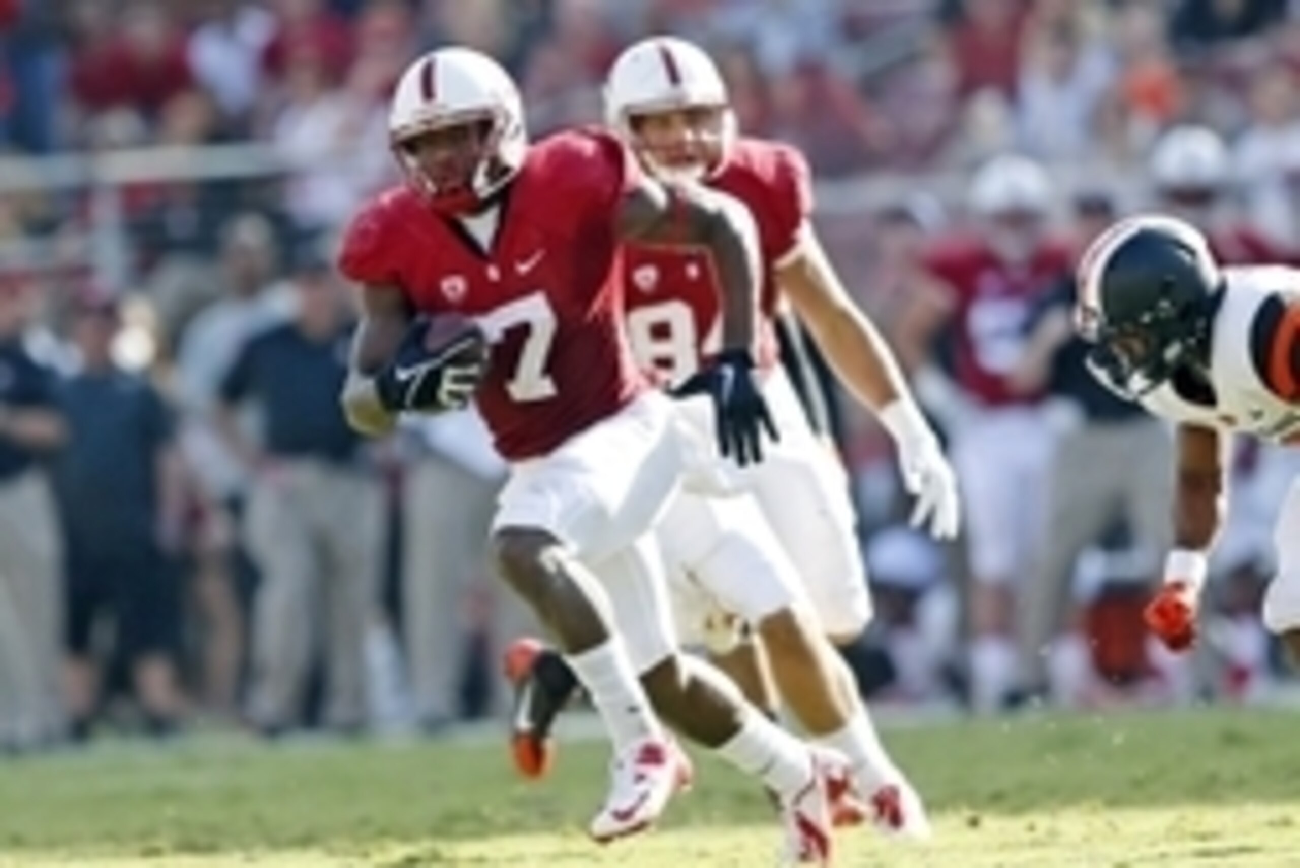 Oct 25, 2014; Stanford, CA, USA; Stanford Cardinal wide receiver Ty Montgomery (7) rushes for a first down during the fourth quarter against the Oregon State Beavers at Stanford Stadium. Stanford won 38-14. Mandatory Credit: Bob Stanton-USA TODAY Sports