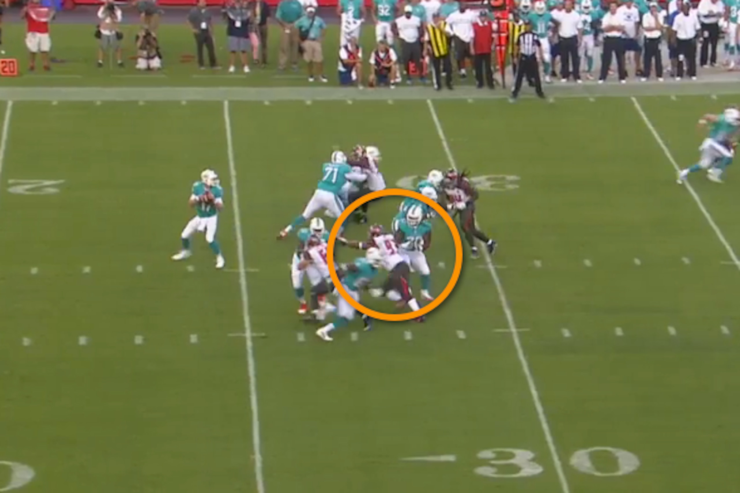 Dallas Thomas couldn't even put a hand on McCoy in the preseason, looking more like a turnstile.