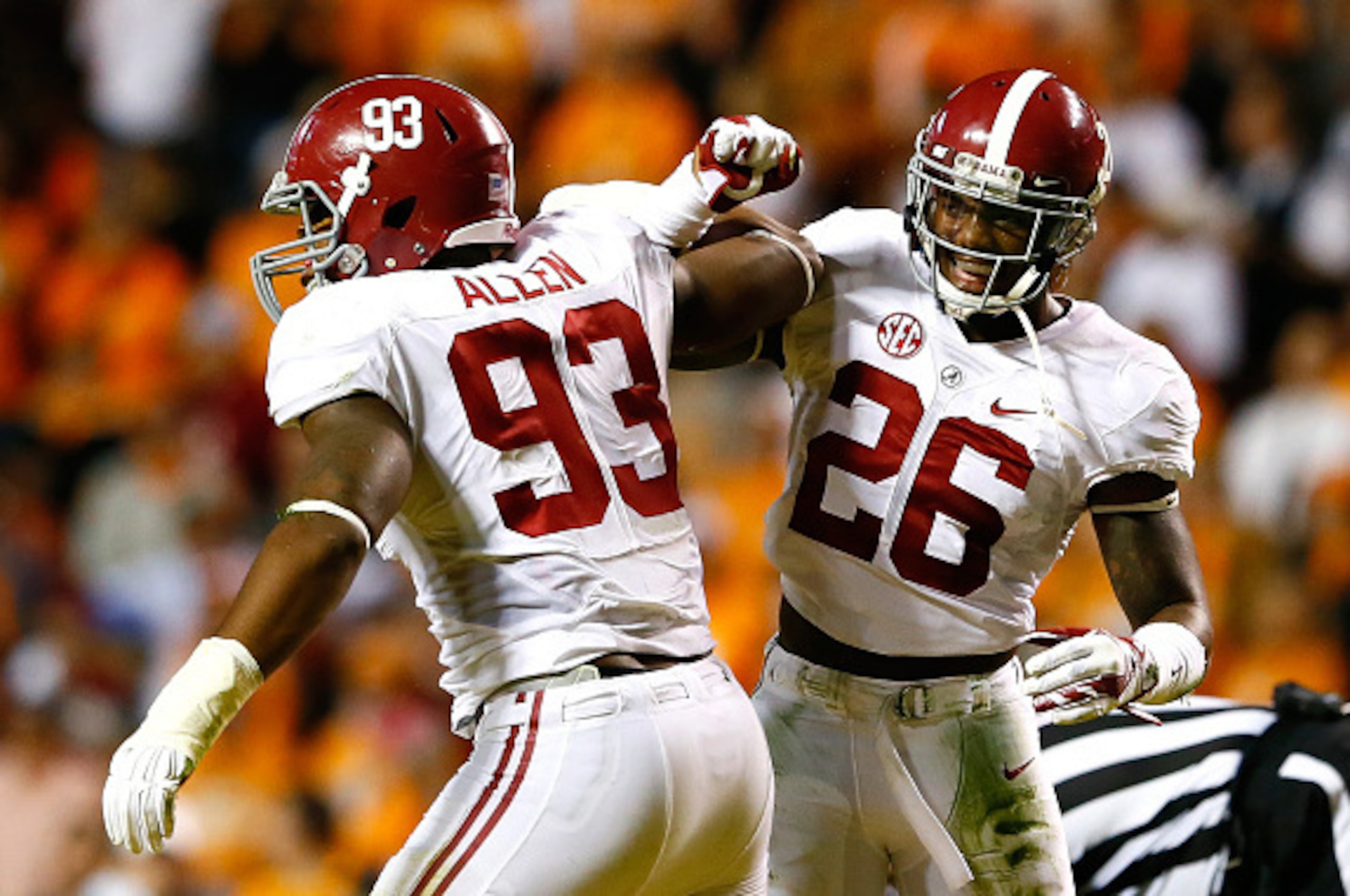 KNOXVILLE, TN - OCTOBER 25:  Jonathan Allen #93 and Landon Collins #26 of the Alabama Crimson Tide react after a defensive stop against the Tennessee Volunteers at Neyland Stadium on October 25, 2014 in Knoxville, Tennessee.  (Photo by Kevin C. Cox/Getty 