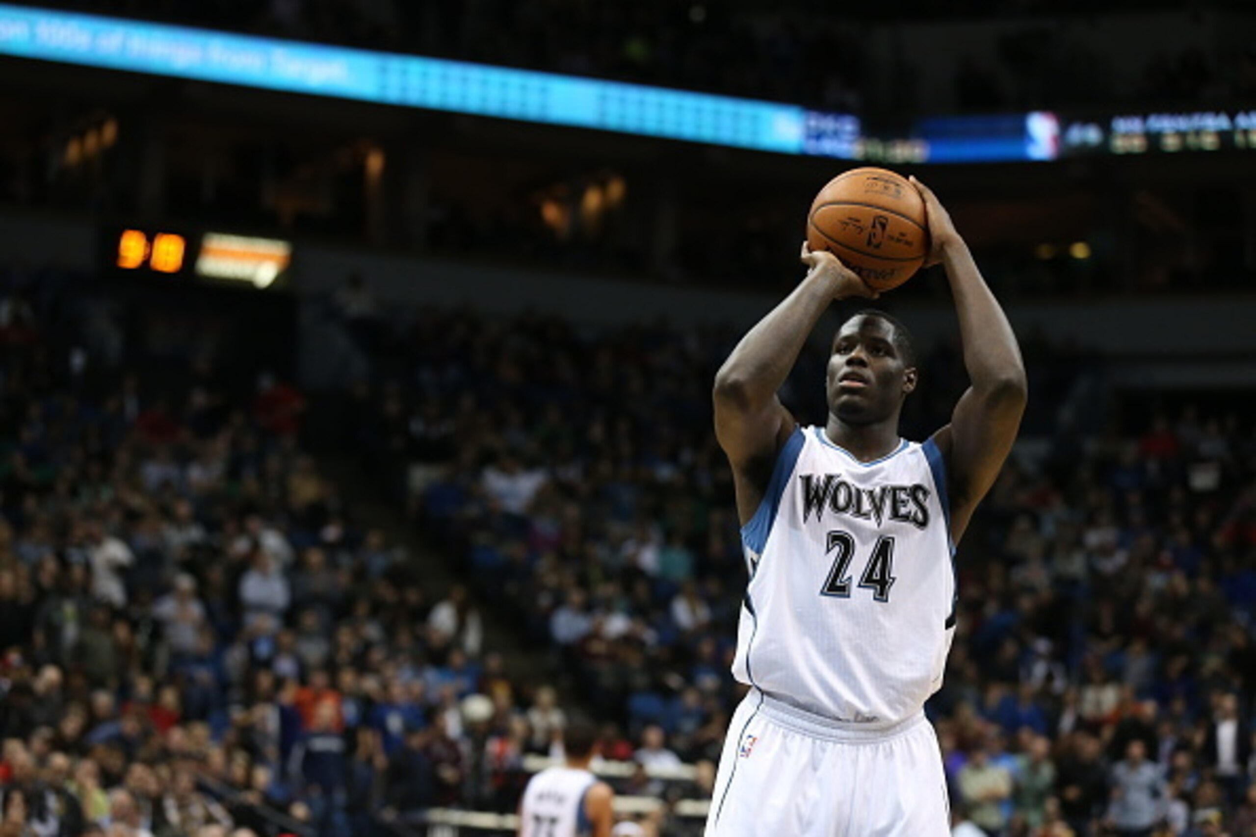 MINNEAPOLIS, MN - NOVEMBER 1:  Anthony Bennett #24 of the Minnesota Timberwolves prepares to shoot a free throw against the Chicago Bulls on November 1, 2014 at Target Center in Minneapolis, Minnesota. NOTE TO USER: User expressly acknowledges and agrees 