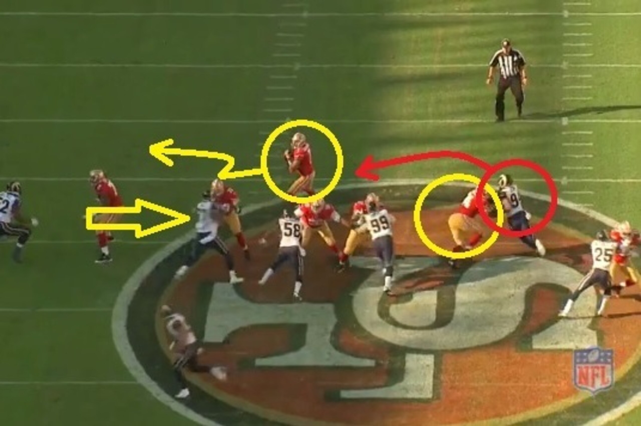 Quinn starts to get around Staley, which forces Kaepernick to move to his right. Pressure also forces Alex Boone backwards.