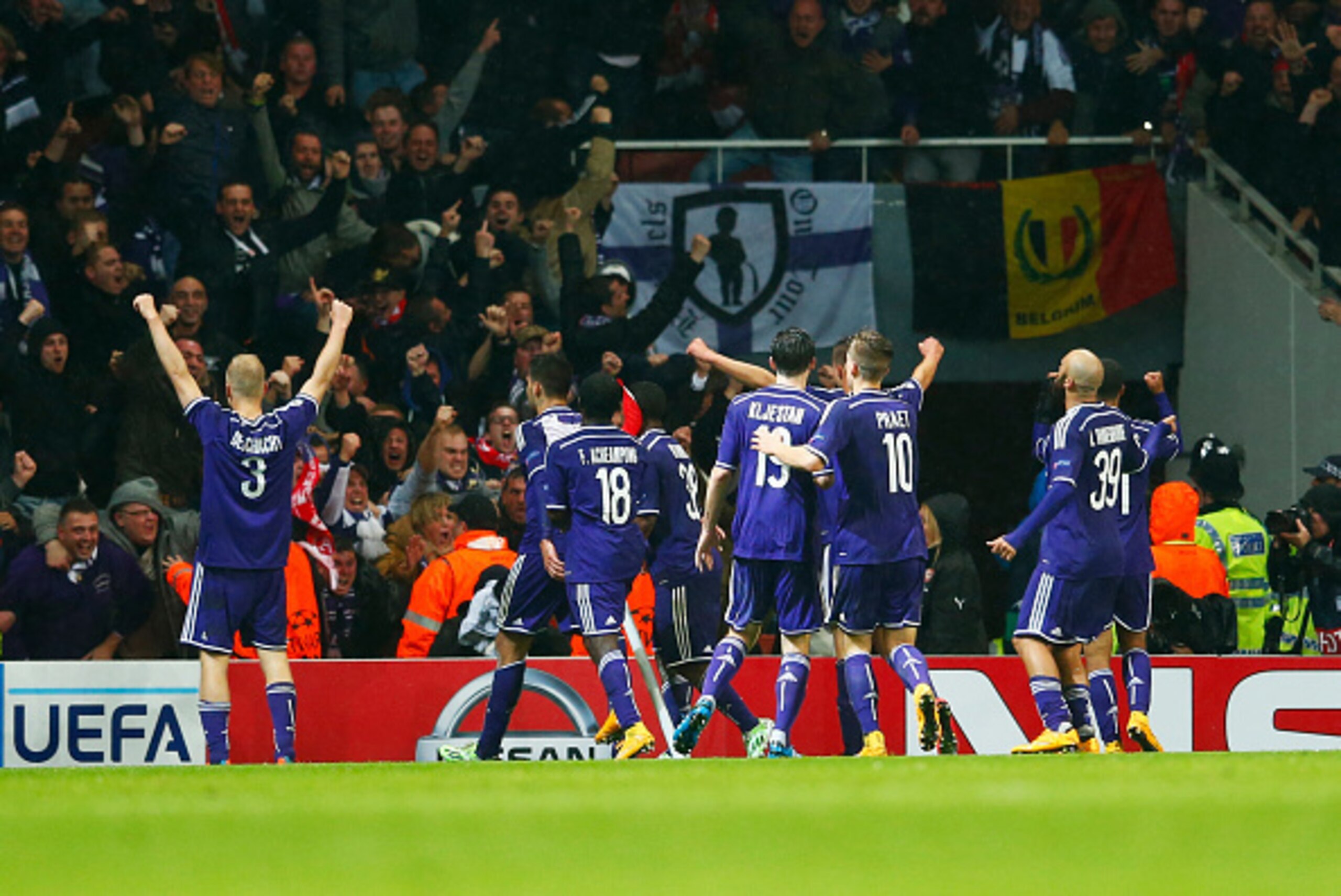 LONDON, ENGLAND - NOVEMBER 04:  Players celebrate in front of their fans as Aleksandar Mitrovic of Anderlecht scores their thrid goal during the UEFA Champions League Group D match between Arsenal FC and RSC Anderlecht at Emirates Stadium on November 4, 2