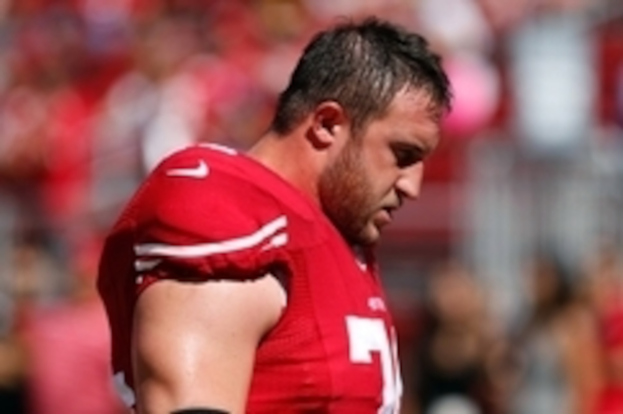 Oct 5, 2014; Santa Clara, CA, USA; San Francisco 49ers tackle Joe Staley (74) heads towards the locker room before the game against the Kansas City Chiefs at Levi's Stadium. Mandatory Credit: Kelley L Cox-USA TODAY Sports