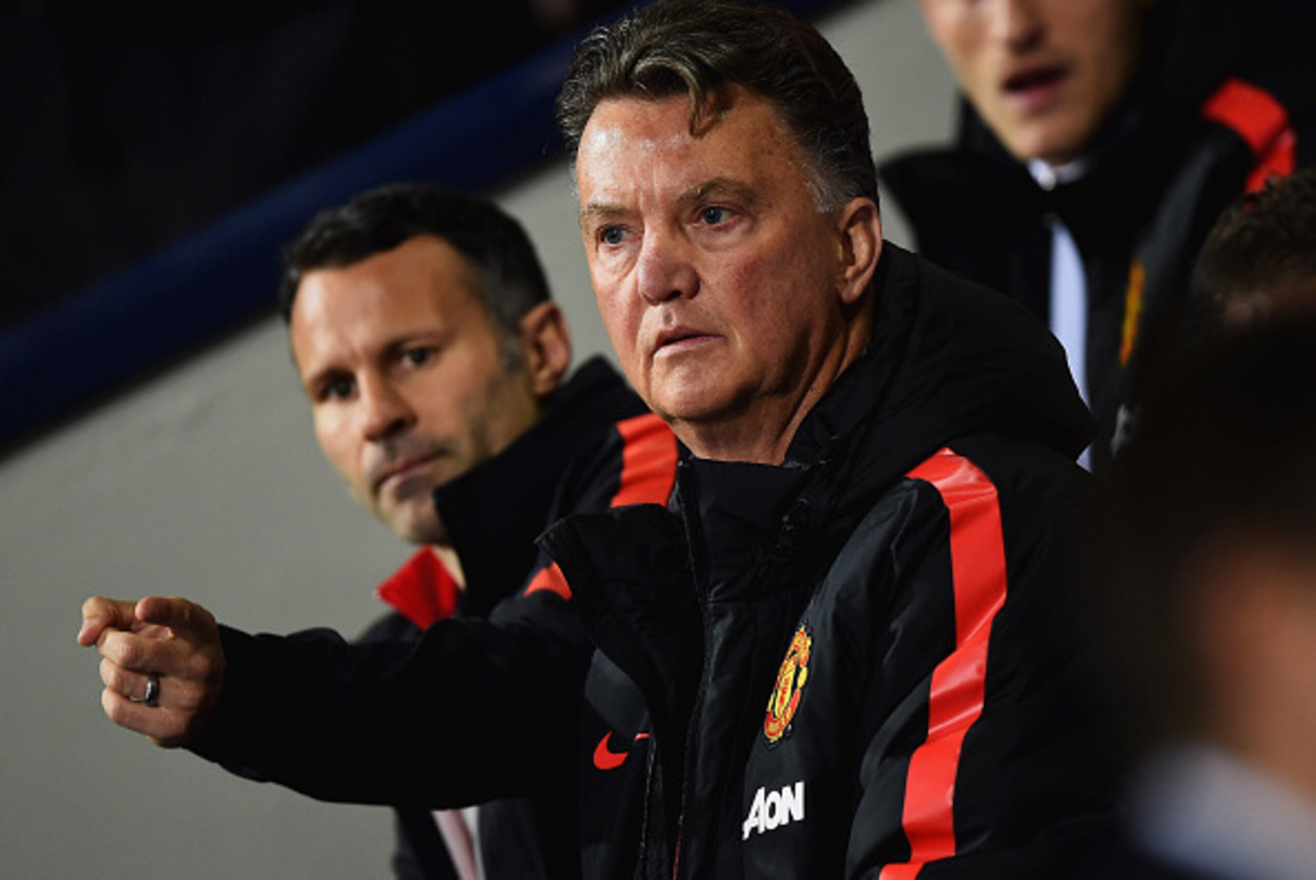 WEST BROMWICH, ENGLAND - OCTOBER 20:  Louis van Gaal manager of Manchester United and assistant Ryan Giggs look on from the bench during the Barclays Premier League match between West Bromwich Albion and Manchester United at The Hawthorns on October 20, 2