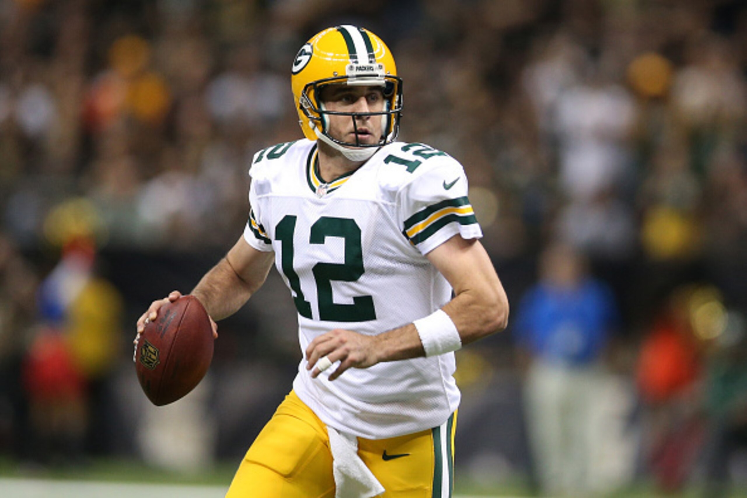 NEW ORLEANS, LA - OCTOBER 26:  Aaron Rodgers #12 of the Green Bay Packers against the New Orleans Saints at Mercedes-Benz Superdome on October 26, 2014 in New Orleans, Louisiana.  (Photo by Chris Graythen/Getty Images)