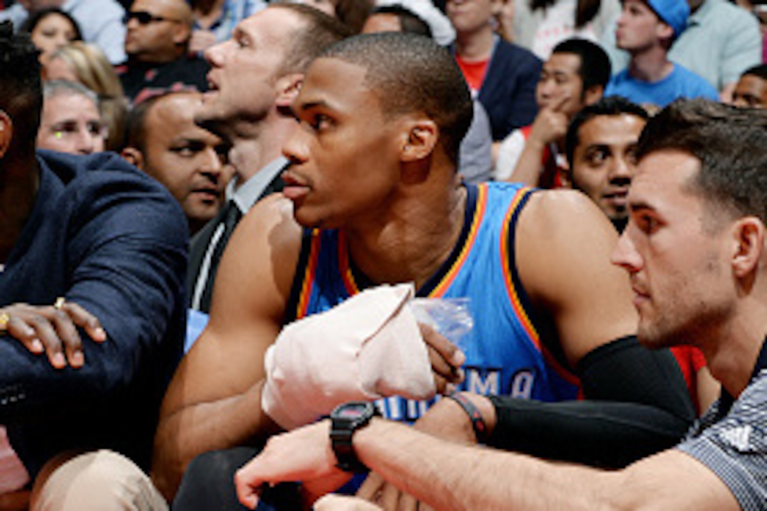 LOS ANGELES, CA - OCTOBER 30: Russell Westbrook #0 of the Oklahoma City Thunder sits on the sideline during a game against the Los Angeles Clippers  on October 30, 2014 at Staples Center in Los Angeles, California. NOTE TO USER: User expressly acknowledge