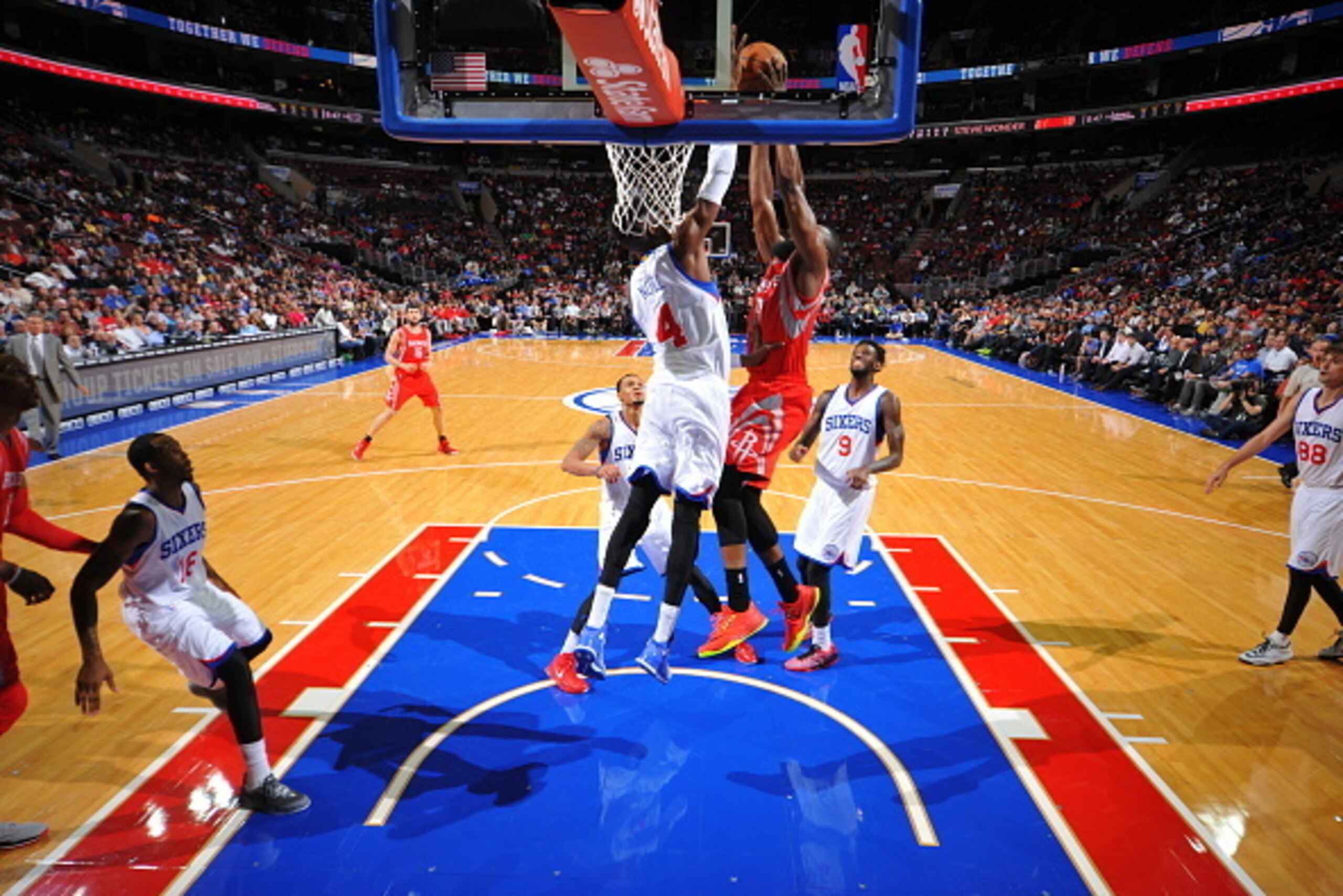 PHILADELPHIA, PA - NOVEMBER 3:  Nerlens Noel #4 of the Philadelphia 76ers blocks a shot against James Harden #13 of the Houston Rockets on November 3, 2014 at the Wells Fargo Center in Philadelphia, Pennsylvania. NOTE TO USER: User expressly acknowledges 
