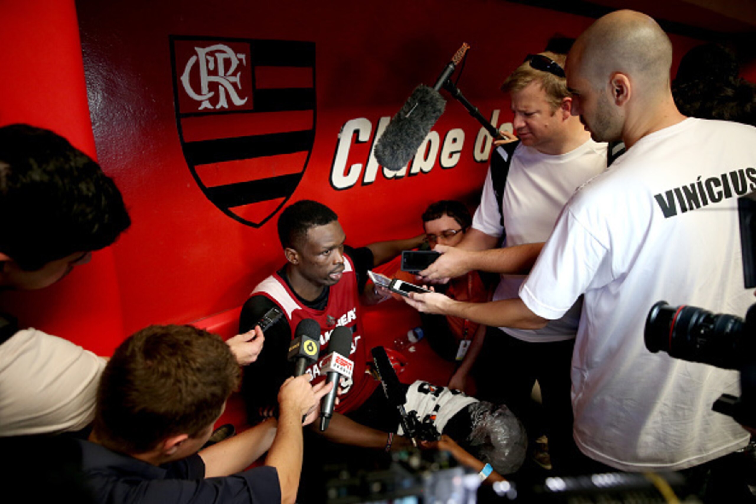 RIO DE JANEIRO, BRAZIL - OCTOBER 09:  Luol Deng #9 of the Miami Heat fields questions from the media after practice at Clube de Regatas do Flamengo in preparation for their game against the Cleveland Cavaliers on October 9, 2014 in Rio de Janeiro, Brazil.