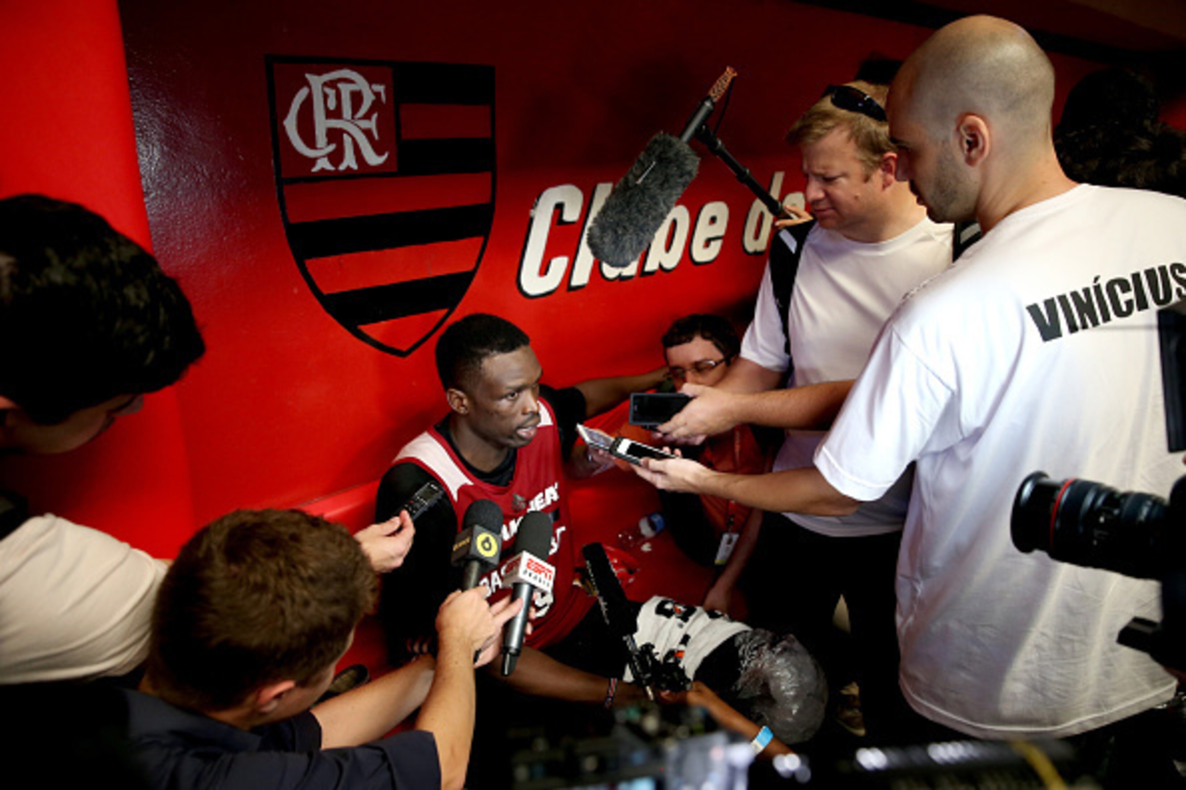 RIO DE JANEIRO, BRAZIL - OCTOBER 09: Luol Deng #9 of the Miami Heat fields questions from the media after practice at Clube de Regatas do Flamengo in preparation for their game against the Cleveland Cavaliers on October 9, 2014 in Rio de Janeiro, Brazil. RIO DE JANEIRO, BRAZIL - OCTOBER 09: Luol Deng #9 of the Miami Heat fields questions from the media after practice at Clube de Regatas do Flamengo in preparation for their game against the Cleveland Cavaliers on October 9, 2014 in Rio de Janeiro, Brazil.