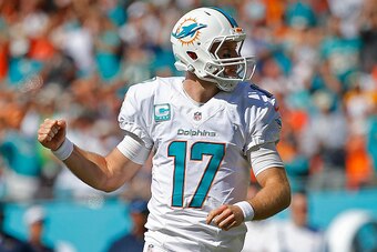 MIAMI GARDENS, FL - NOVEMBER 02:  quarterback Ryan Tannehill #17 of the Miami Dolphins celebrates a reception in the first quarter during a game against the San Diego Chargers at Sun Life Stadium on November 2, 2014 in Miami Gardens, Florida.  (Photo by C