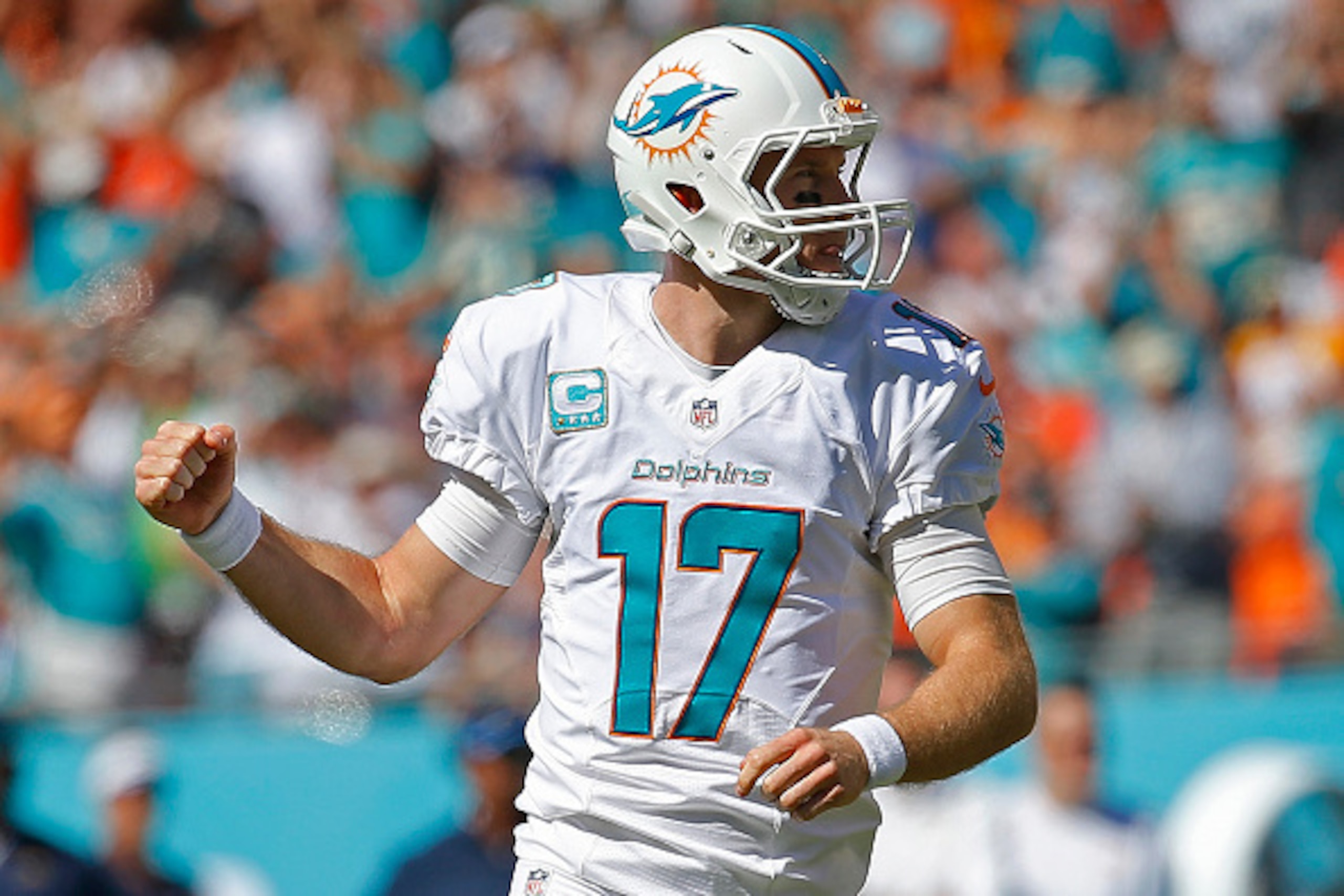 MIAMI GARDENS, FL - NOVEMBER 02:  quarterback Ryan Tannehill #17 of the Miami Dolphins celebrates a reception in the first quarter during a game against the San Diego Chargers at Sun Life Stadium on November 2, 2014 in Miami Gardens, Florida.  (Photo by C