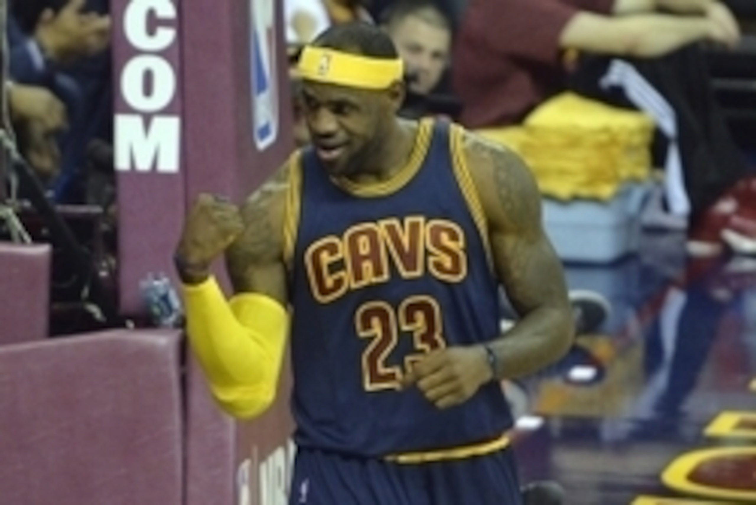 Oct 30, 2014; Cleveland, OH, USA; Cleveland Cavaliers forward LeBron James (23) reacts after scoring a layup while being fouled in the first quarter against the New York Knicks at Quicken Loans Arena. Mandatory Credit: David Richard-USA TODAY Sports