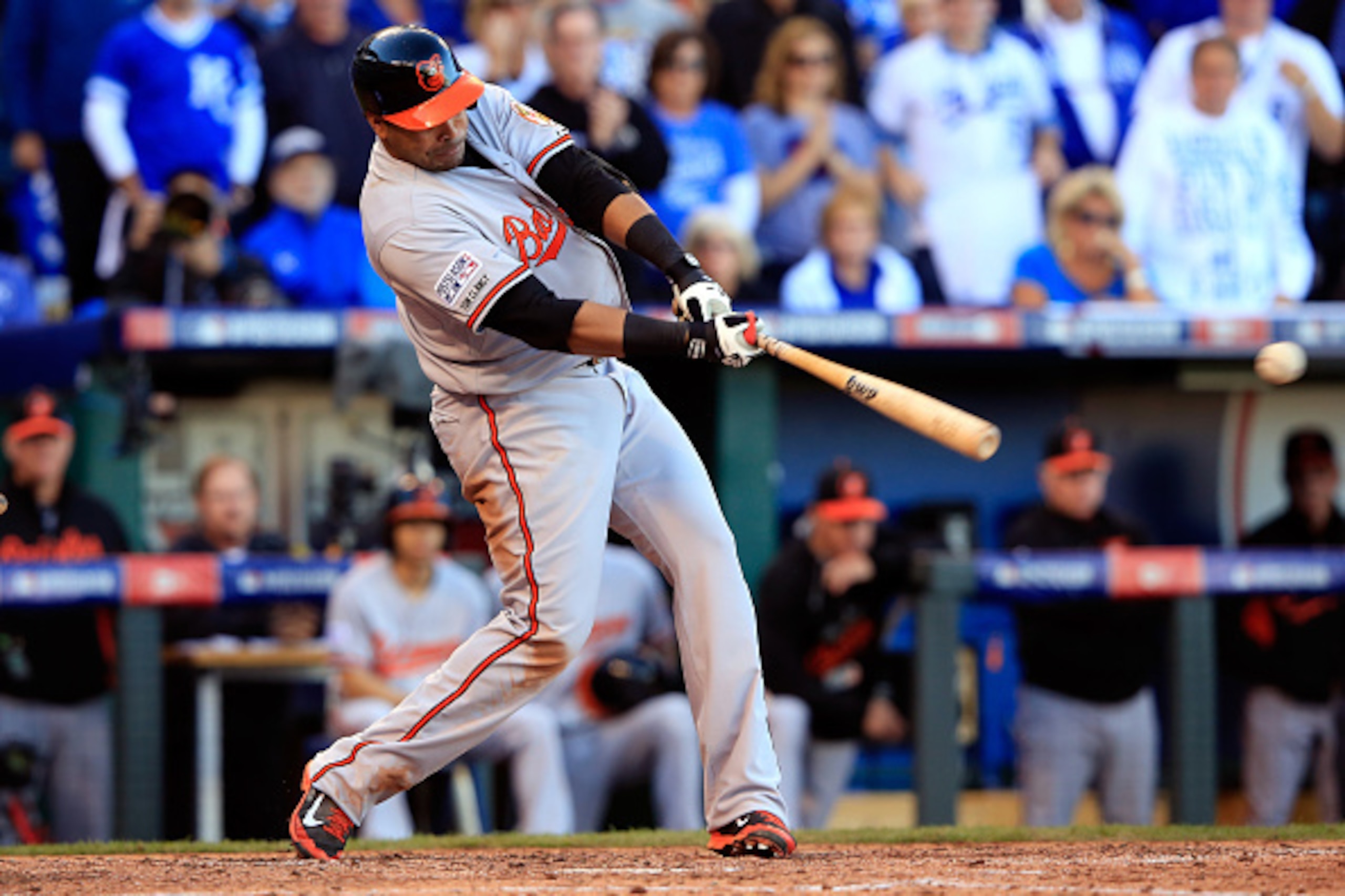 KANSAS CITY, MO - OCTOBER 15:  Nelson Cruz #23 of the Baltimore Orioles grounds out in the sixth inning against the Kansas City Royals during Game Four of the American League Championship Series at Kauffman Stadium on October 15, 2014 in Kansas City, Miss