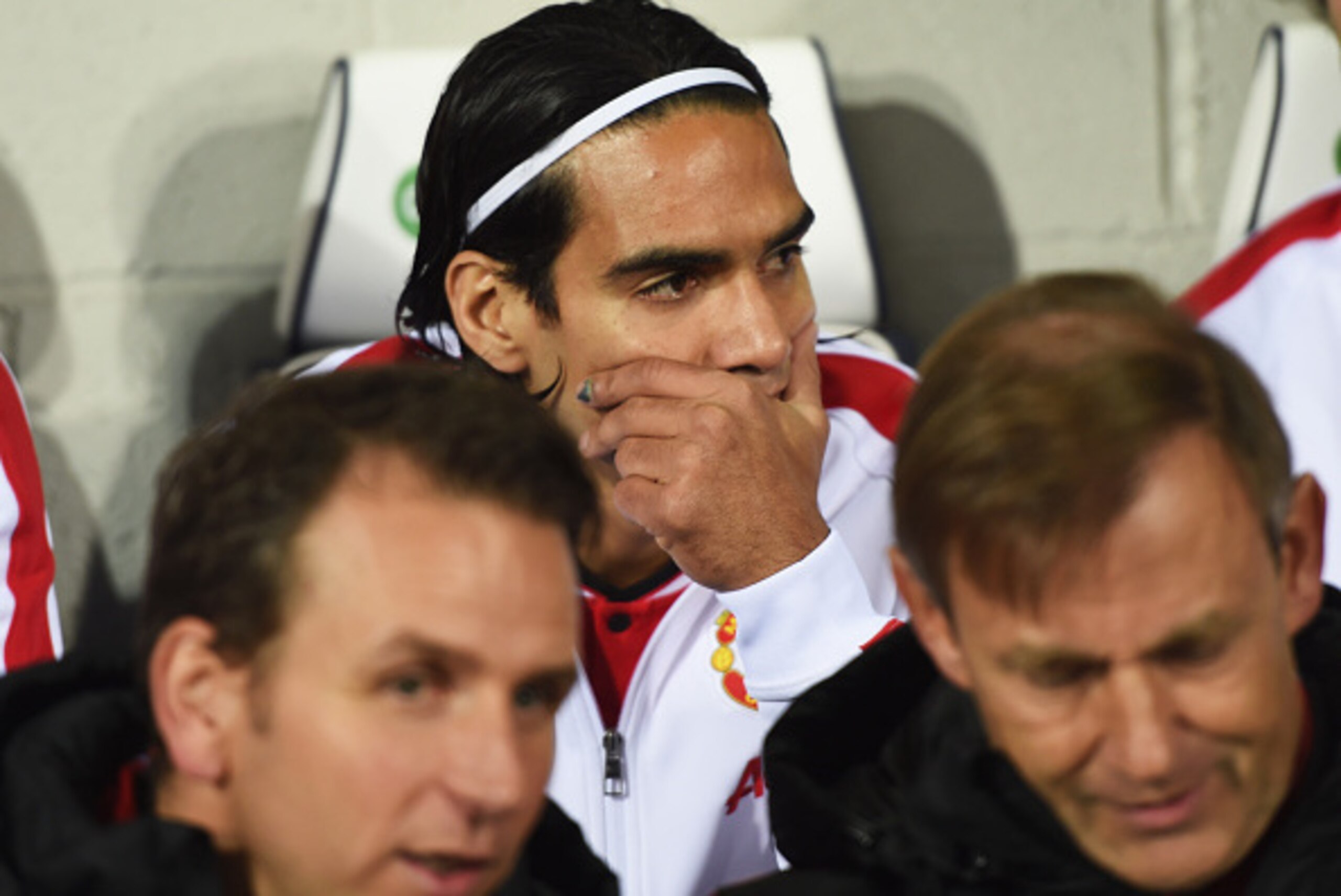 WEST BROMWICH, ENGLAND - OCTOBER 20:  Substitute Radamel Falcao of Manchester United looks on from the bench prior to the Barclays Premier League match between West Bromwich Albion and Manchester United at The Hawthorns on October 20, 2014 in West Bromwic