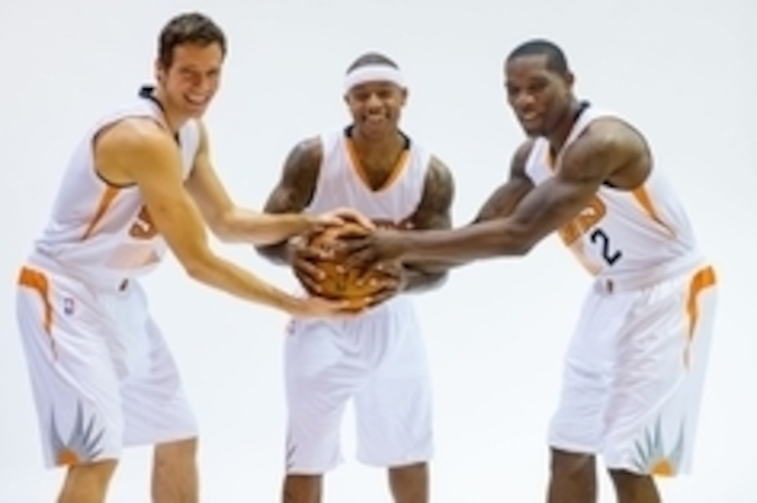 Sep 29, 2014; Phoenix, AZ, USA; Phoenix Suns guard Goran Dragic (left), guard Isaiah Thomas (center) and guard Eric Bledsoe pose for a portrait during media day at the US Airways Center. Mandatory Credit: Mark J. Rebilas-USA TODAY Sports