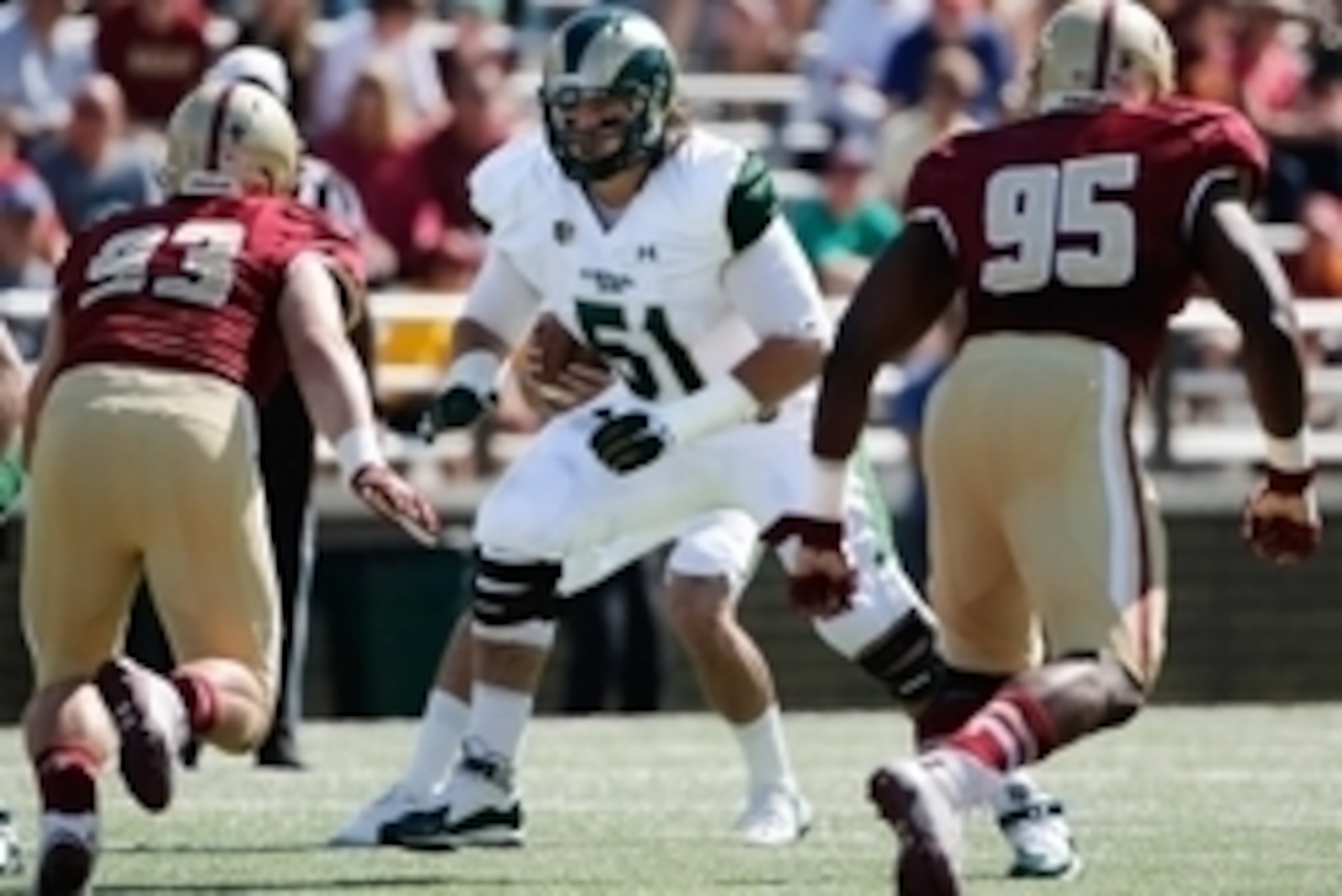Sep 27, 2014; Boston, MA, USA; Colorado State Rams offensive linesman Ty Sambrailo (51) prepares to block against Boston College during the first half at Alumni Stadium. Mandatory Credit: Winslow Townson-USA TODAY Sports