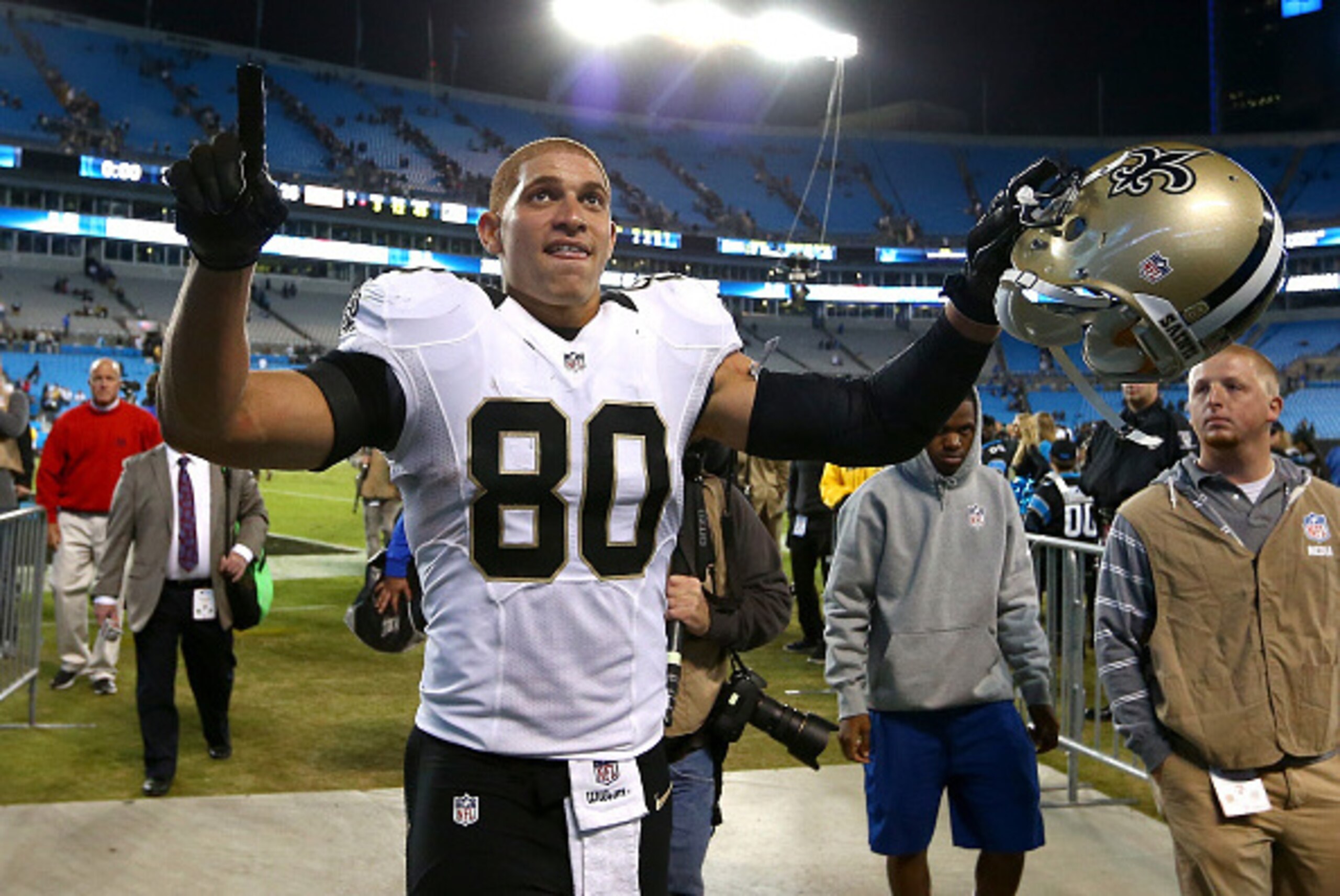 CHARLOTTE, NC - OCTOBER 30: Jimmy Graham #80 of the New Orleans Saints celebrates after defeating the Carolina Panthers 28-10 at Bank of America Stadium on October 30, 2014 in Charlotte, North Carolina. (Photo by Streeter Lecka/Getty Images) CHARLOTTE, NC - OCTOBER 30: Jimmy Graham #80 of the New Orleans Saints celebrates after defeating the Carolina Panthers 28-10 at Bank of America Stadium on October 30, 2014 in Charlotte, North Carolina. (Photo by Streeter Lecka/Getty Images)