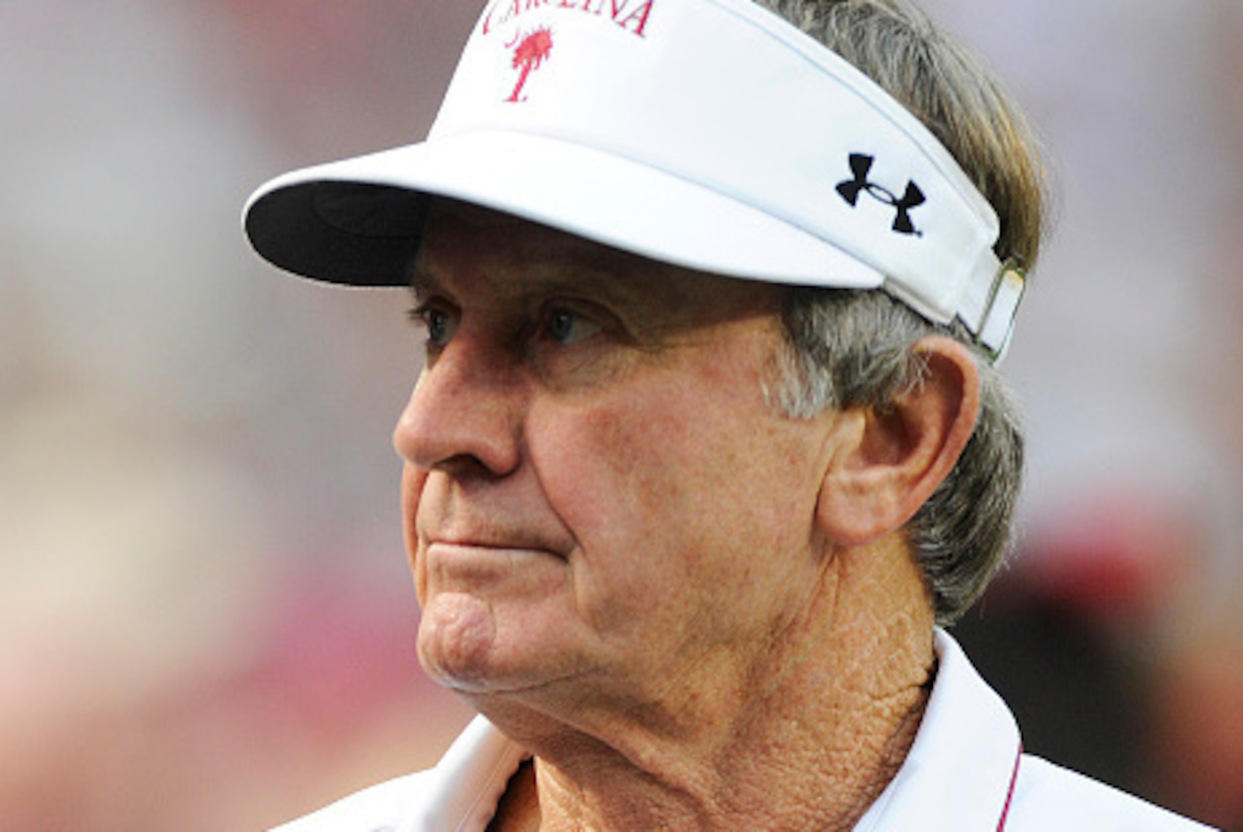 COLUMBIA, SC - SEPTEMBER 27:   Head coach Steve Spurrier watches as his team warms up for their game against the Missouri Tigers on September 27, 2014 at Williams-Brice Stadium in Columbia, South Carolina. Missouri won 21-20.  (Photo by Todd Bennett/Getty