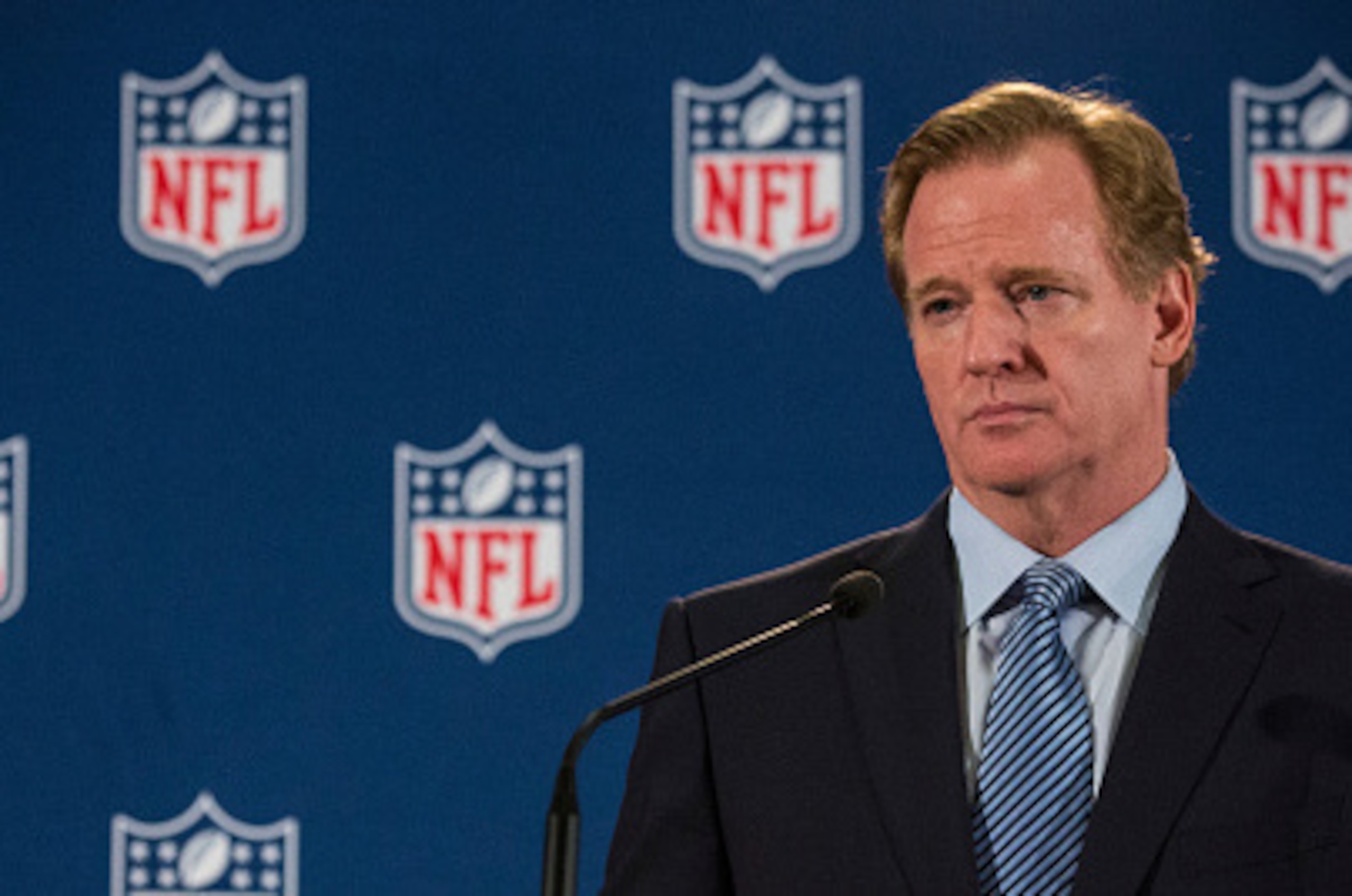 NEW YORK, NY - OCTOBER 08:  NFL Commissioner Roger Goodell holds a press conference on October 8, 2014 in New York City. Goodell addressed the media at the conclusion of the annual Fall league meeting in the wake of a string of high-profile incidents, inc