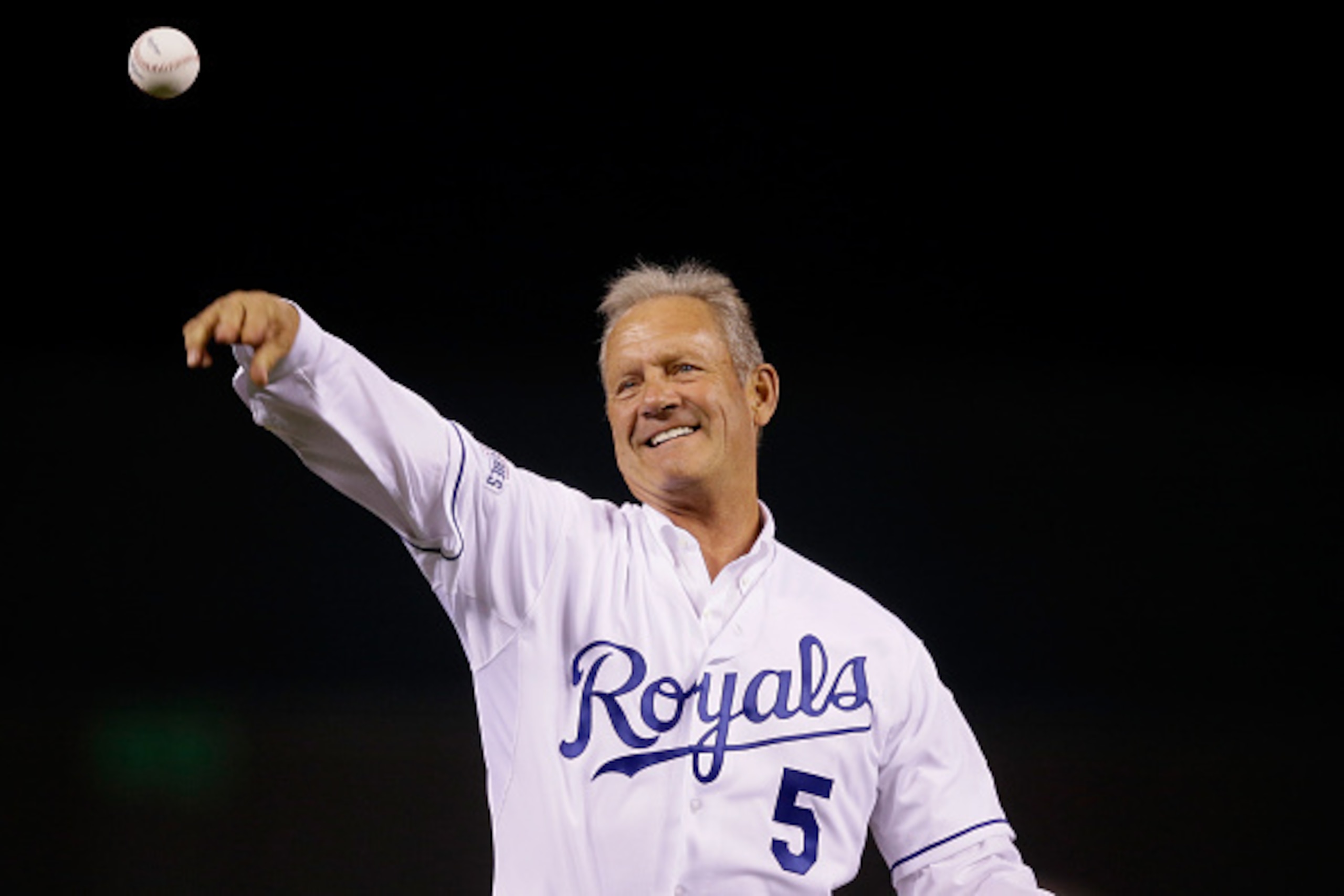 KANSAS CITY, MO - OCTOBER 22: Hall of Famer George Brett throws out the ceremonial first pitch before Game Two of the 2014 World Series between the Kansas City Royals and the San Francisco Giants at Kauffman Stadium on October 22, 2014 in Kansas City, Mis