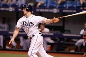 Sep 5, 2014; St. Petersburg, FL, USA; Tampa Bay Rays right fielder Wil Myers (9) singled during the eighth inning against the Baltimore Orioles at Tropicana Field. Tampa Bay Rays defeated the Baltimore Orioles 3-0. Mandatory Credit: Kim Klement-USA TODAY