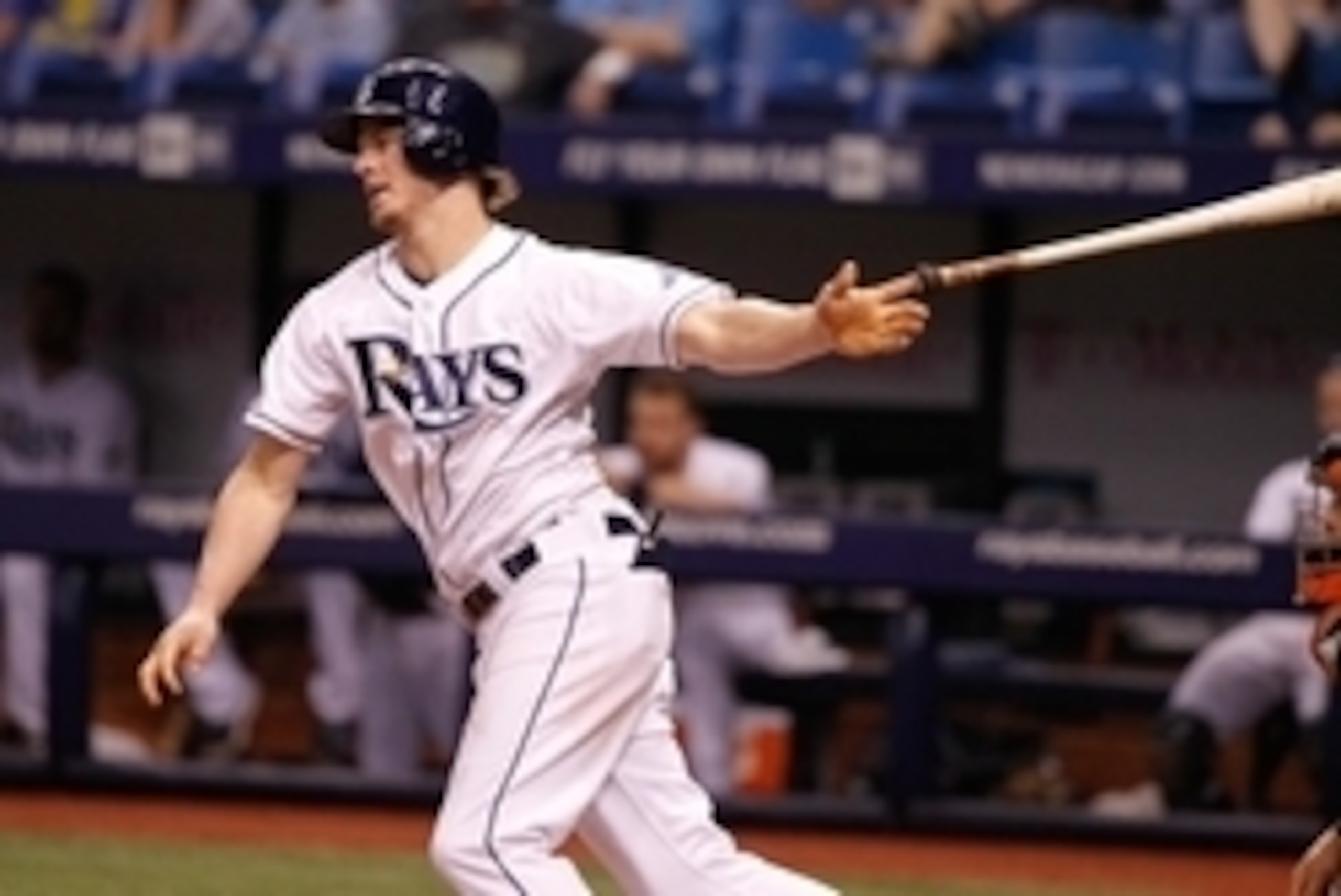 Sep 5, 2014; St. Petersburg, FL, USA; Tampa Bay Rays right fielder Wil Myers (9) singled during the eighth inning against the Baltimore Orioles at Tropicana Field. Tampa Bay Rays defeated the Baltimore Orioles 3-0. Mandatory Credit: Kim Klement-USA TODAY