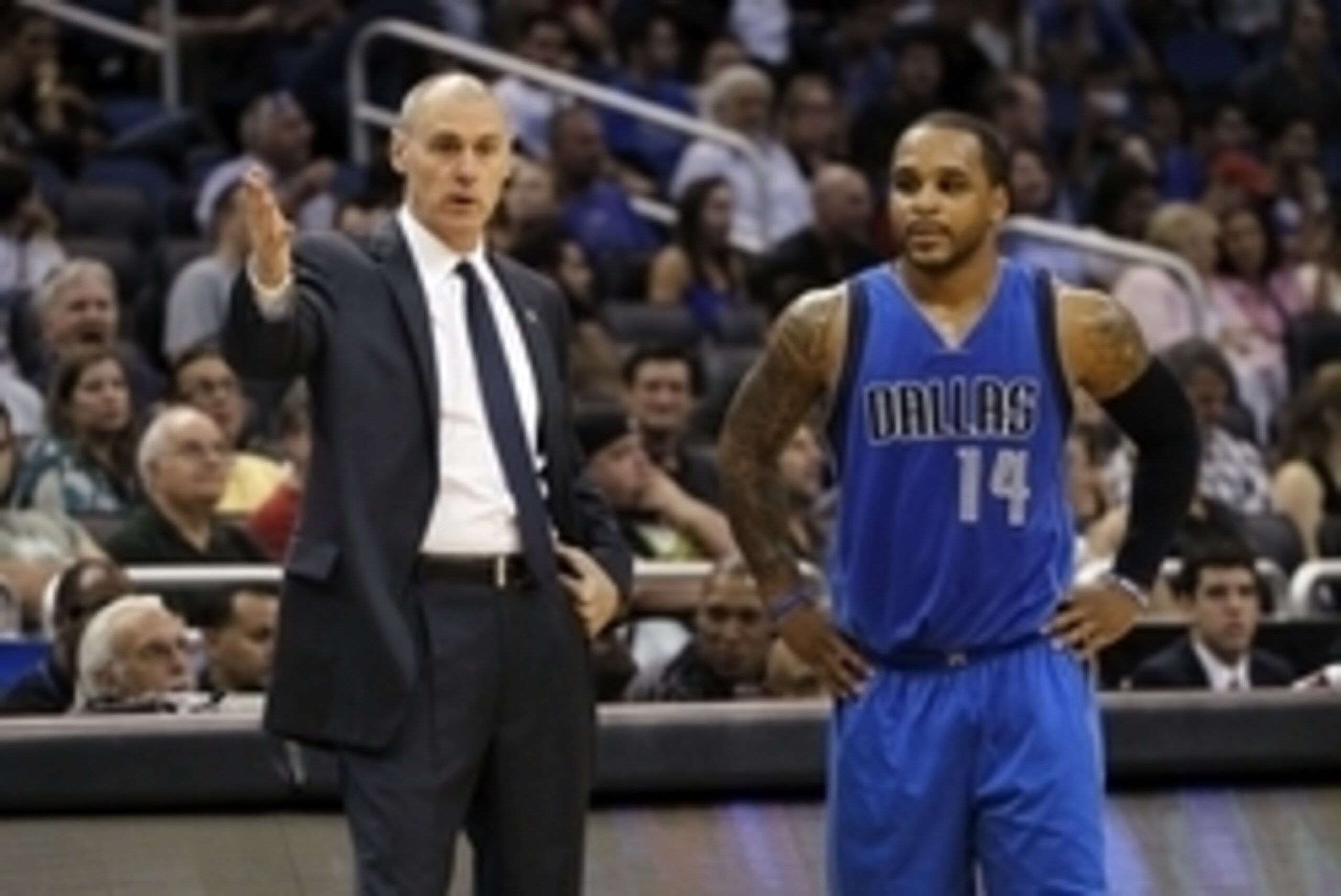 Oct 24, 2014; Orlando, FL, USA; Dallas Mavericks head coach Rick Carlisle talks with guard Jameer Nelson (14) during the second quarter at Amway Center. Mandatory Credit: Kim Klement-USA TODAY Sports