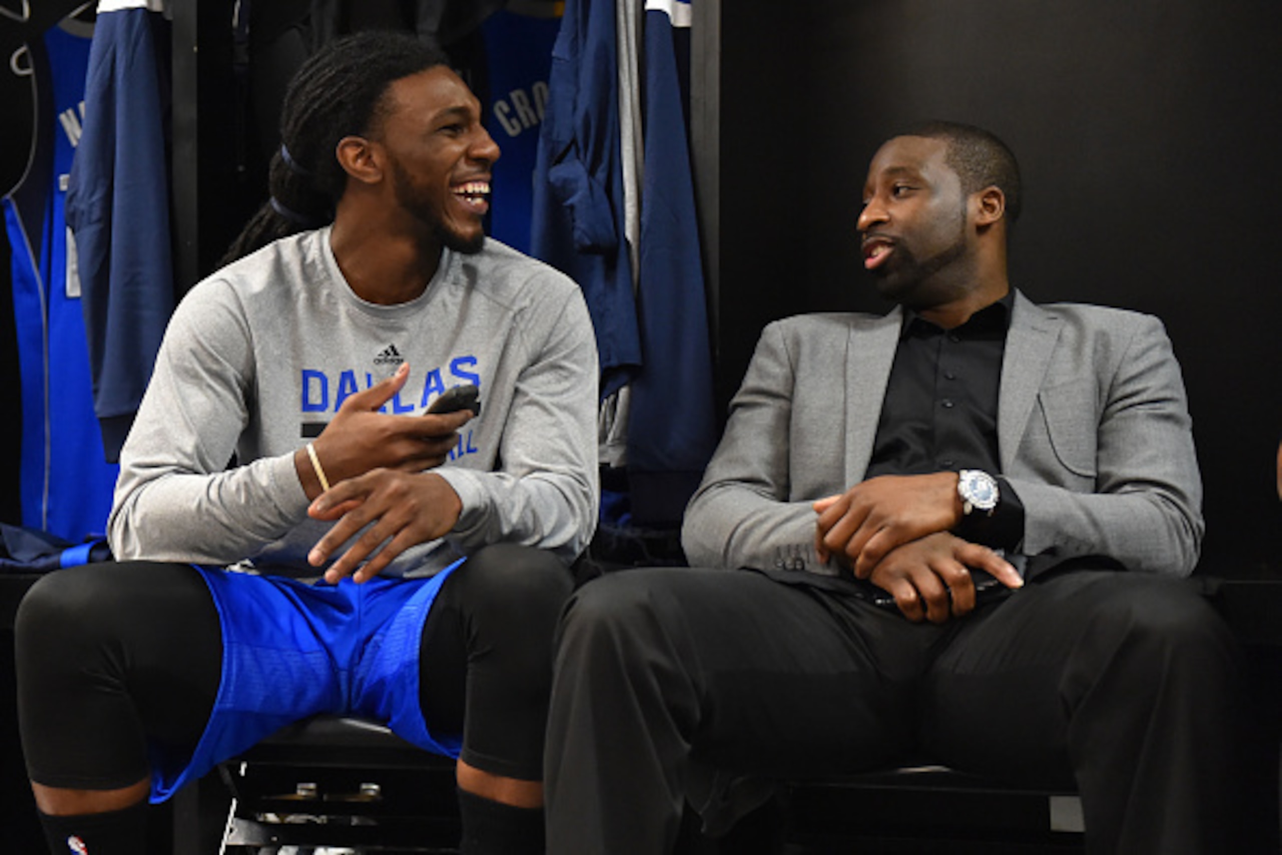 SAN ANTONIO, TX - OCTOBER 28:   Jae Crowder #9 and Raymond Felton #2 of the Dallas Mavericks before the game against the San Antonio Spurs at the AT&T Center on October 28, 2014 in San Antonio, Texas. NOTE TO USER: User expressly acknowledges and agrees t