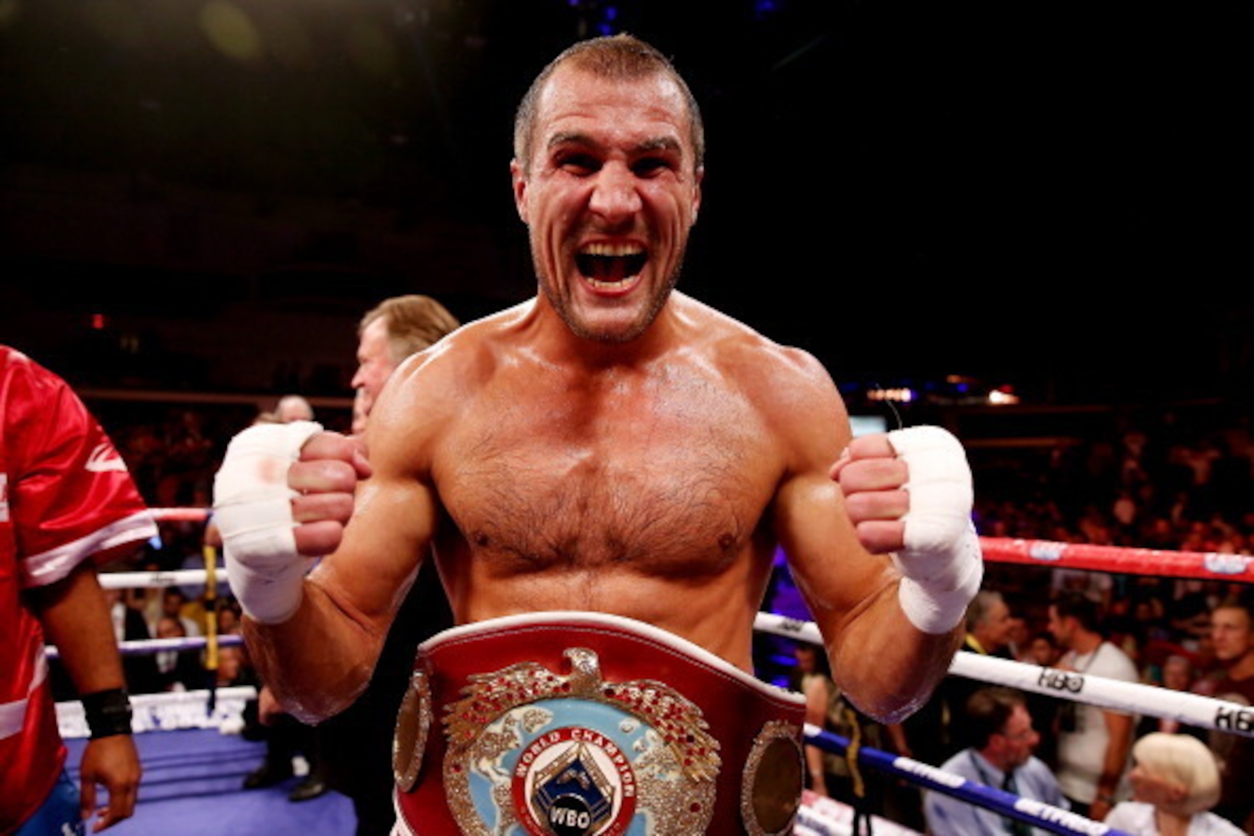 CARDIFF, WALES - AUGUST 17: Sergey Kovalev celebrates his victory over Nathan Cleverly during the WBO World Light-Heavyweight Championship bout at Motorpoint Arena on August 17, 2013 in Cardiff, Wales. (Photo by Scott Heavey/Getty Images) CARDIFF, WALES - AUGUST 17: Sergey Kovalev celebrates his victory over Nathan Cleverly during the WBO World Light-Heavyweight Championship bout at Motorpoint Arena on August 17, 2013 in Cardiff, Wales. (Photo by Scott Heavey/Getty Images)