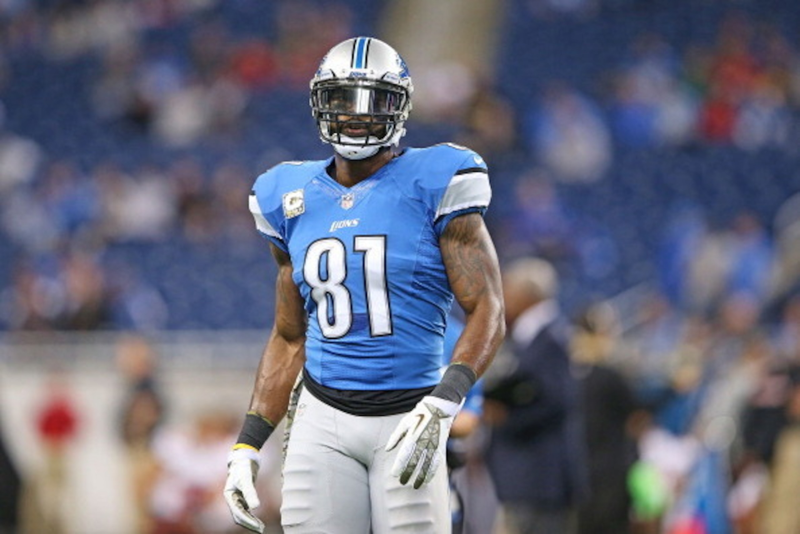 DETROIT, MI - NOVEMBER 24: Calvin Johnson #81 of the Detroit Lions warms up prior to the start of the game against the Tampa Bay Buccaneers at Ford Field on November 24, 2013 in Detroit, Michigan.  (Photo by Leon Halip/Getty Images)