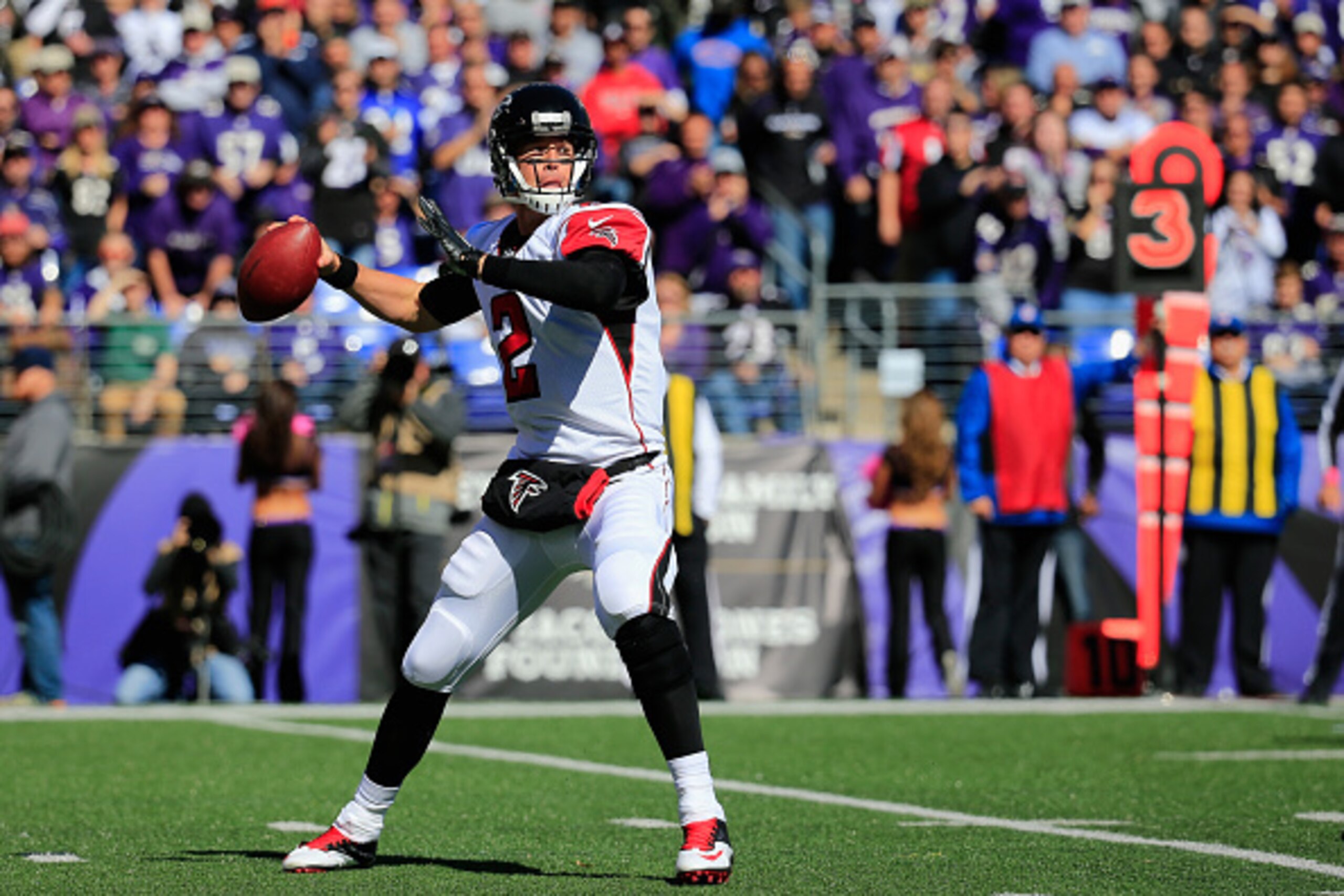 BALTIMORE, MD - OCTOBER 19: Quarterback Matt Ryan #2 of the Atlanta Falcons drops back to pass in the first quarter of a game against the Baltimore Ravens at M&T Bank Stadium on October 19, 2014 in Baltimore, Maryland.  (Photo by Rob Carr/Getty Images)