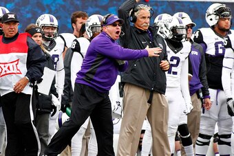 MORGANTOWN, WV - NOVEMBER 01:  Head coach Gary Patterson of the TCU Horned Frogs yells from the sideline during the game against the West Virginia Mountaineers on November 1, 2014 at Mountaineer Field in Morgantown, West Virginia.  (Photo by Justin K. All