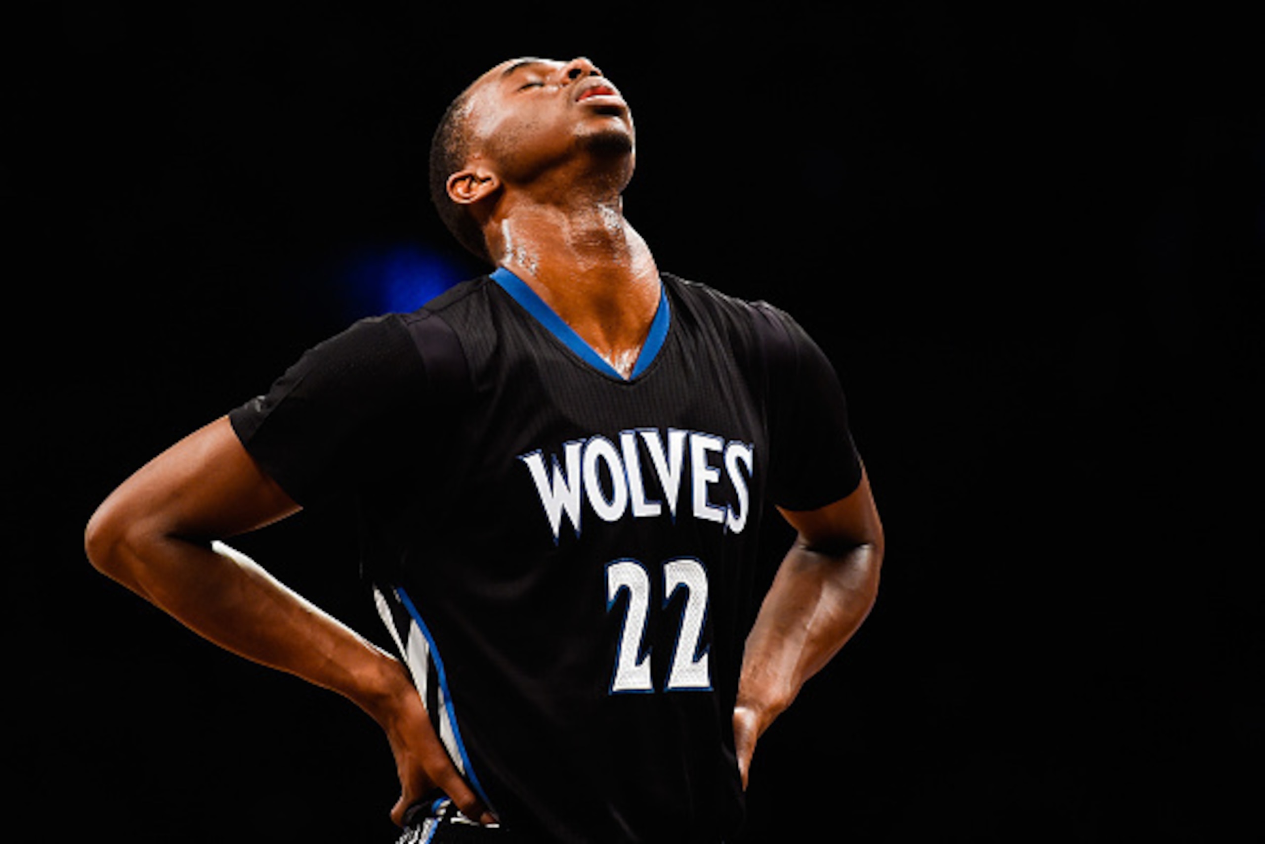 NEW YORK, NY - NOVEMBER 05: Andrew Wiggins #22 of the Minnesota Timberwolves looks on in the thrid quarter during a game against the Brooklyn Nets at the Barclays Center on November 5, 2014 in the Brooklyn borough of New York City. NOTE TO USER: User expr