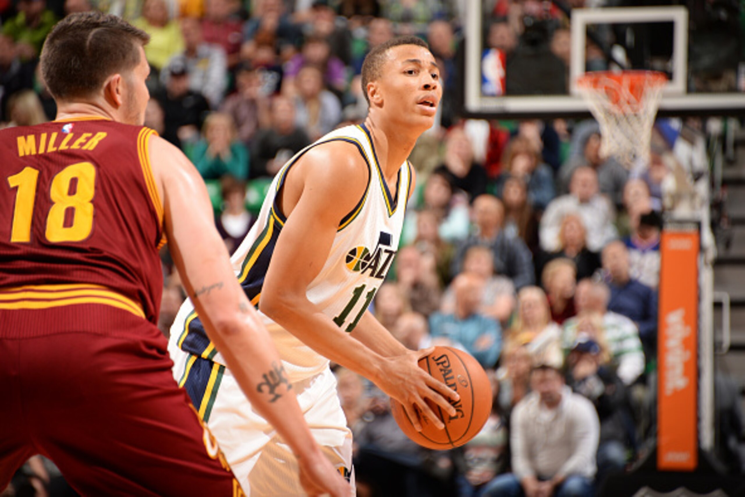 SALT LAKE CITY, UT - NOVEMBER 5:  Dante Exum #11 of the Utah Jazz handles the ball against the Cleveland Cavaliers at EnergySolutions Arena on November 5, 2014 in Salt Lake City, Utah. NOTE TO USER: User expressly acknowledges and agrees that, by download