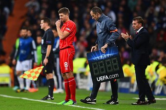 MADRID, SPAIN - NOVEMBER 04:  Brendan Rodgers, manager of Liverpool looks on as Steven Gerrard of Liverpool prepares to come on during the UEFA Champions League Group B match between Real Madrid CF and Liverpool FC at Estadio Santiago Bernabeu on November