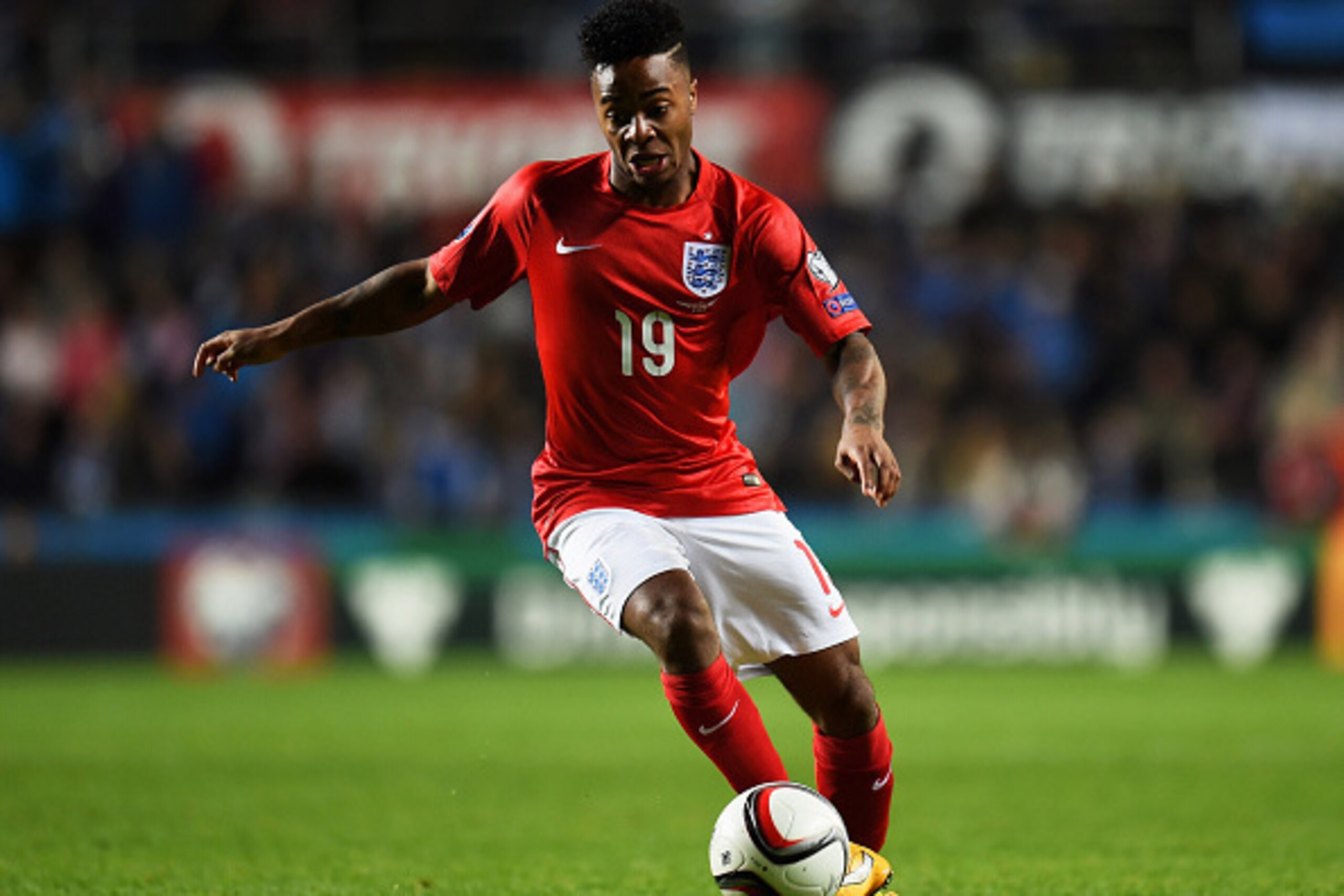 TALLINN, ESTONIA - OCTOBER 12: Raheem Sterling of England runs with the ball during the EURO 2016 Qualifier match between Estonia and England at A. Le Coq Arena on October 12, 2014 in Tallinn, Estonia. (Photo by Shaun Botterill/Getty Images) TALLINN, ESTONIA - OCTOBER 12: Raheem Sterling of England runs with the ball during the EURO 2016 Qualifier match between Estonia and England at A. Le Coq Arena on October 12, 2014 in Tallinn, Estonia. (Photo by Shaun Botterill/Getty Images)